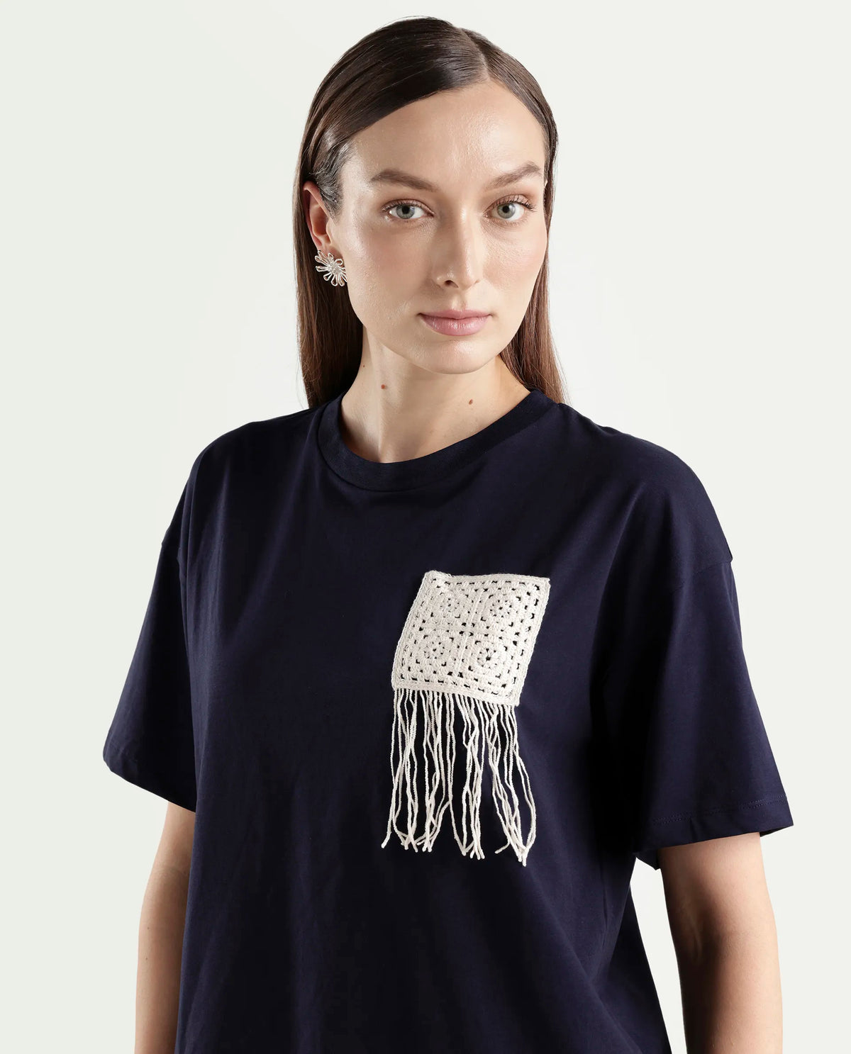 Rareism Women's Zadil Navy Cotton Blend Half Sleeve Boxy Plain T-Shirt