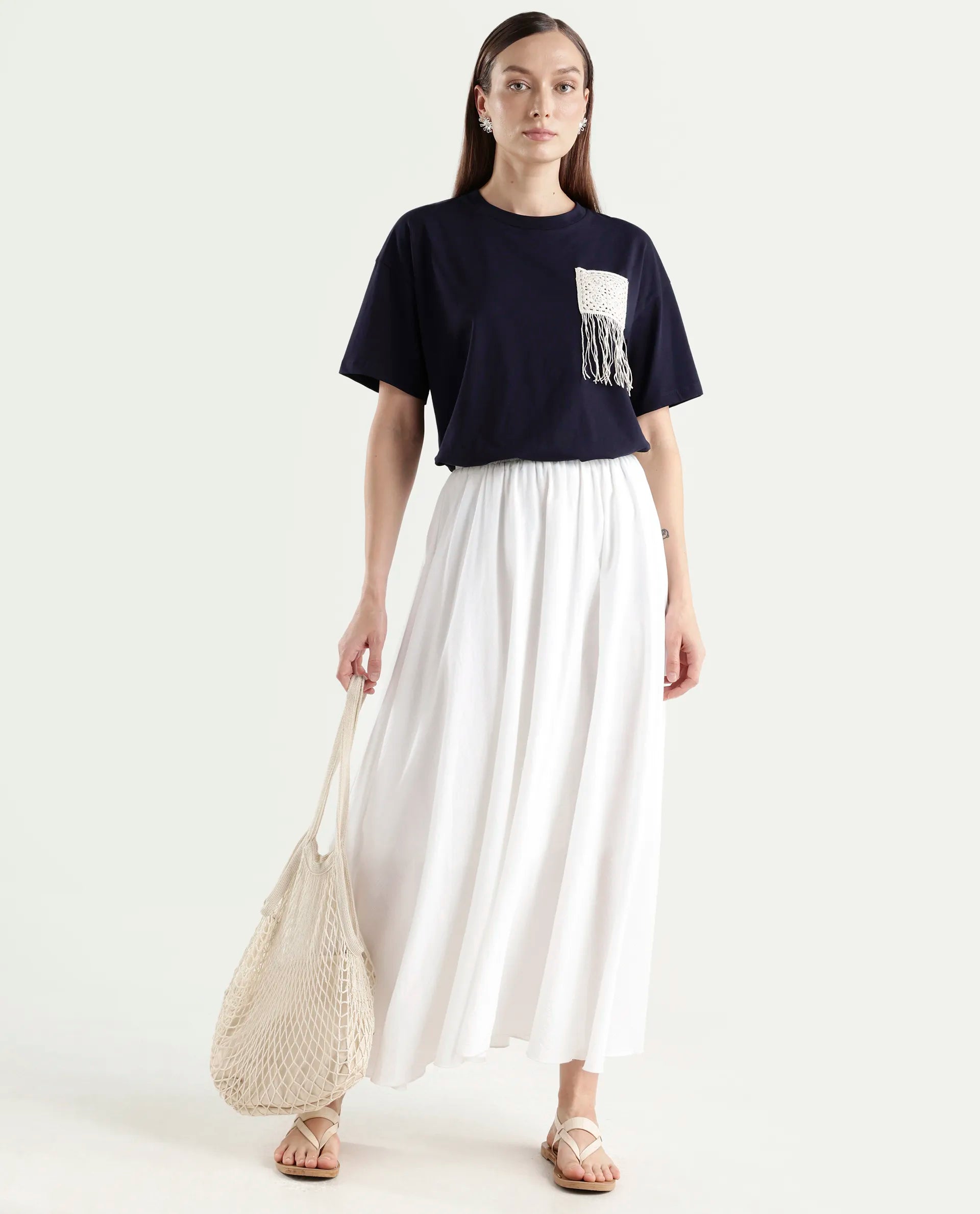 Rareism Women's Zadil Navy Cotton Blend Half Sleeve Boxy Plain T-Shirt