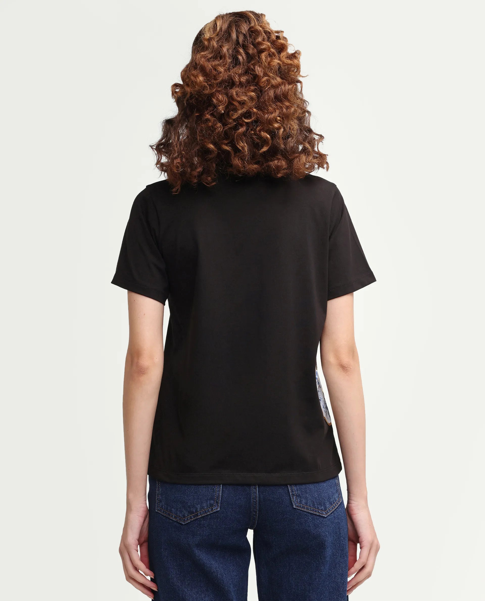 Rareism Women's Zyler Black Cotton Blend Half Sleeve Relaxed Fit Embroidery T-Shirt