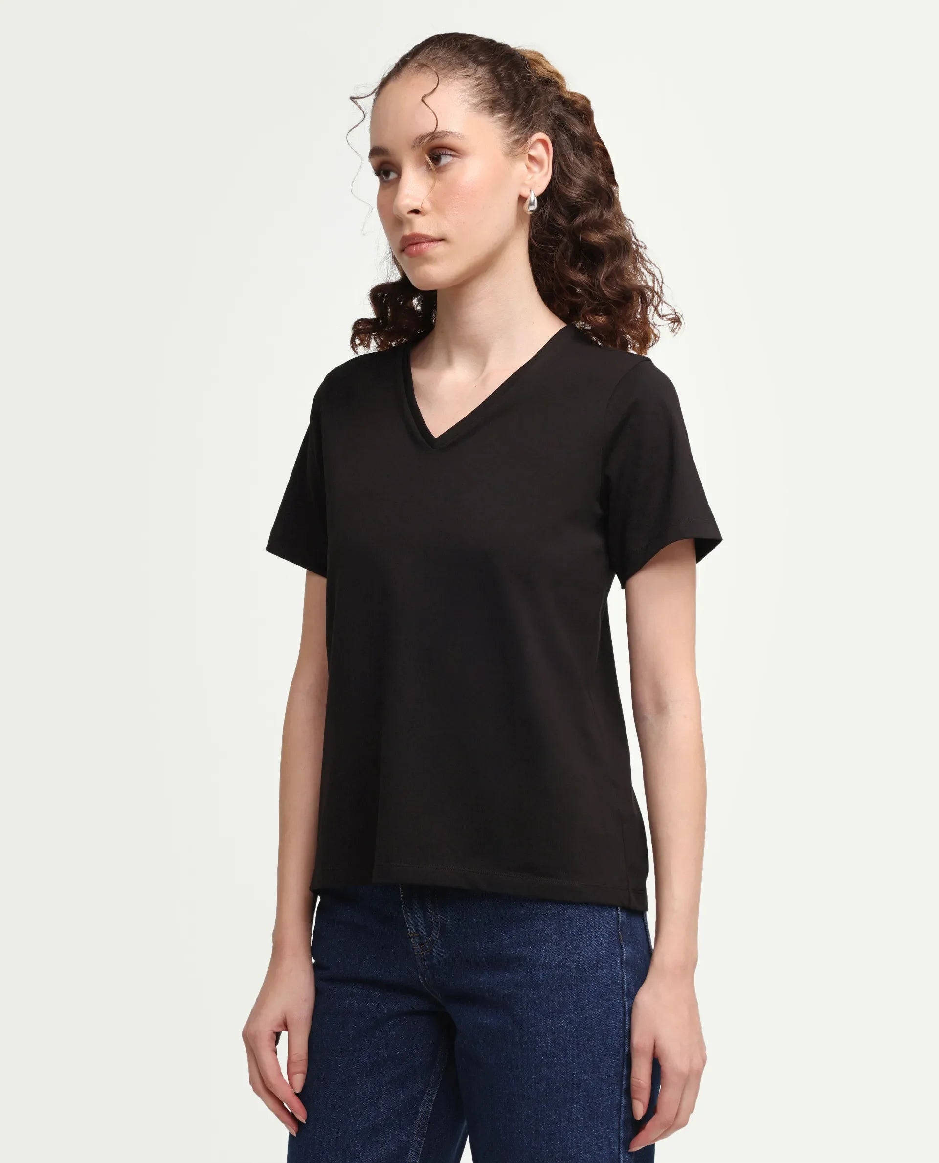 Rareism Women's Zyler Black Cotton Blend Half Sleeve Relaxed Fit Embroidery T-Shirt