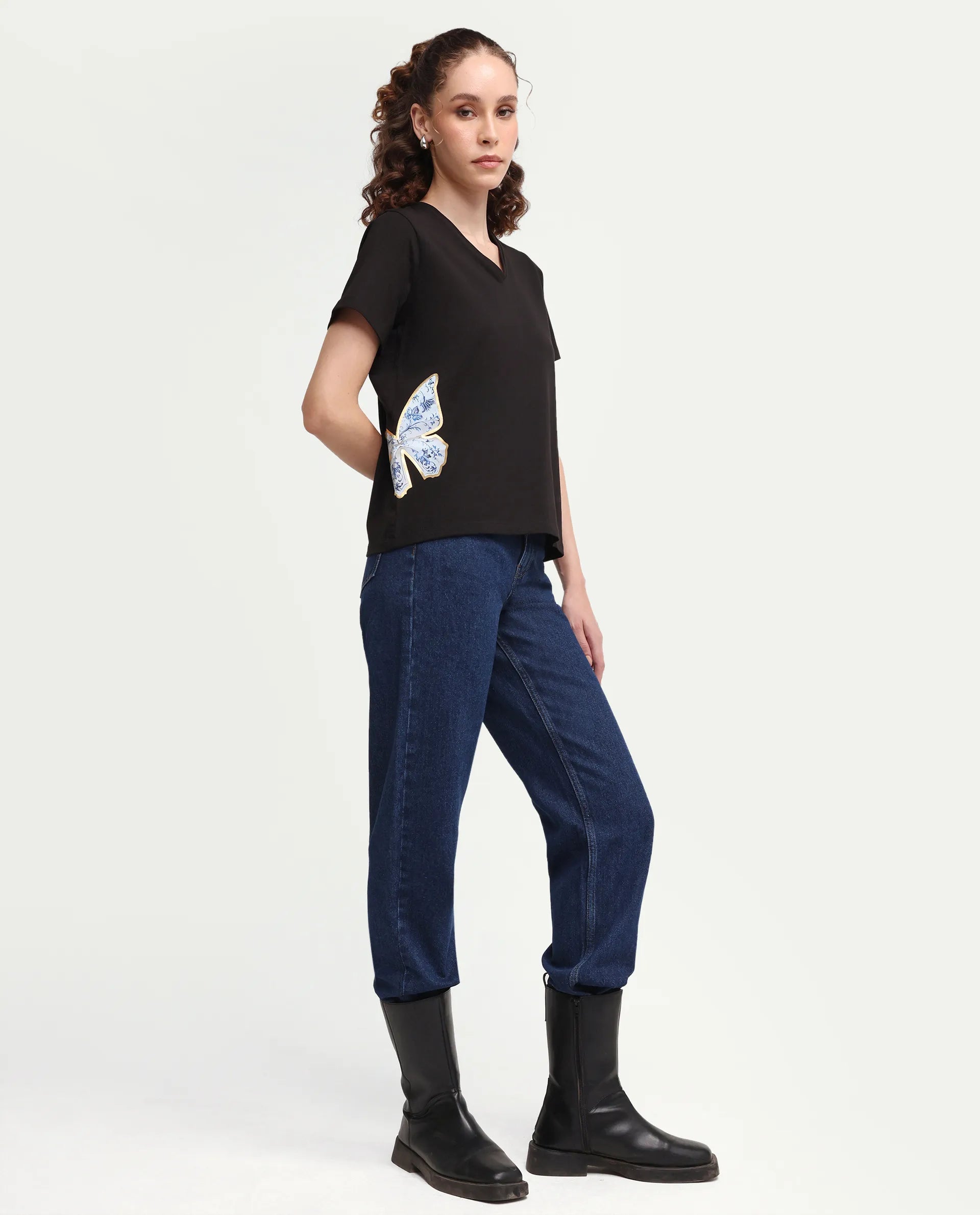 Rareism Women's Zyler Black Cotton Blend Half Sleeve Relaxed Fit Embroidery T-Shirt