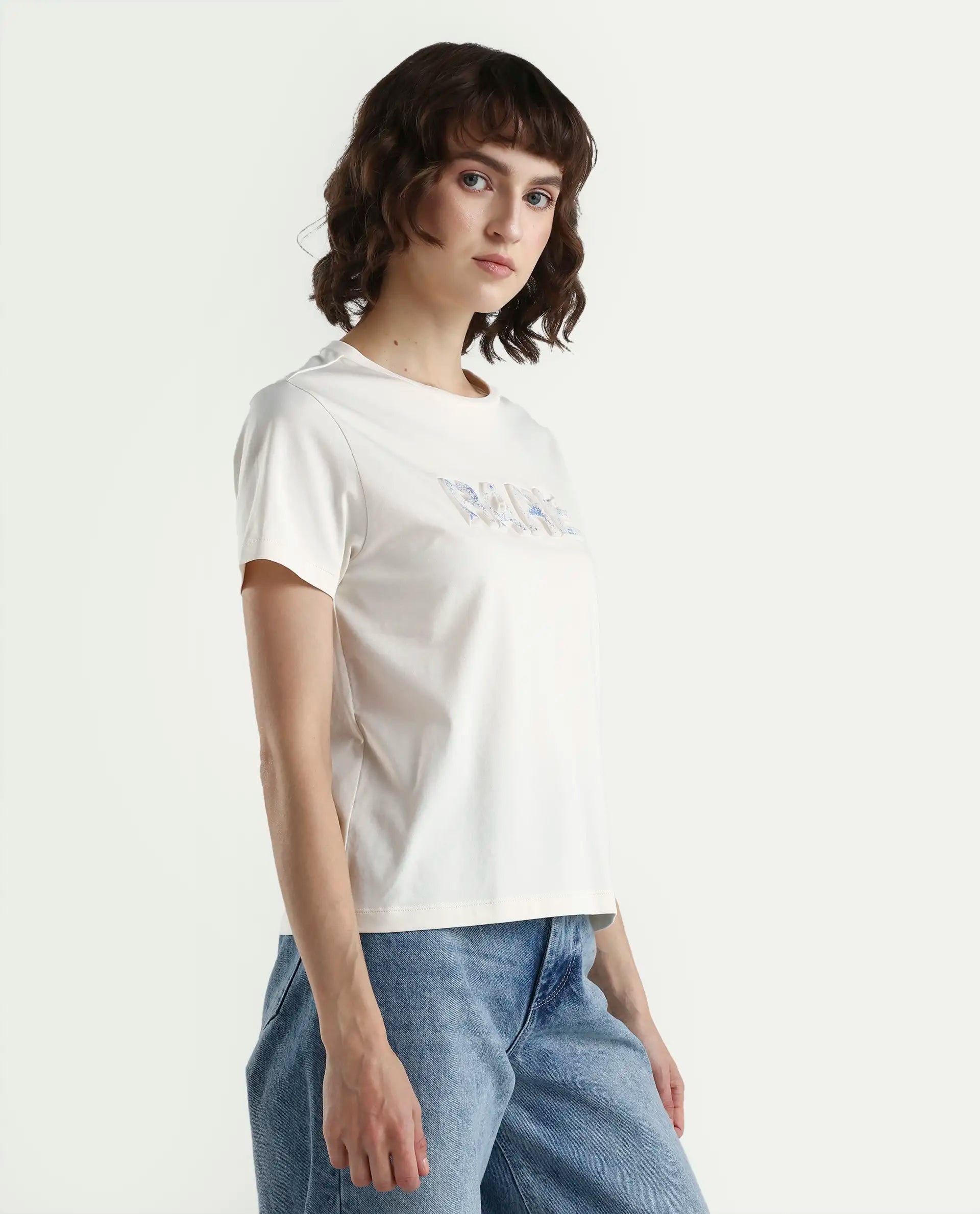 Rareism Women's Zen Off White Cotton Blend Half Sleeve Regular Fit Printed T-Shirt