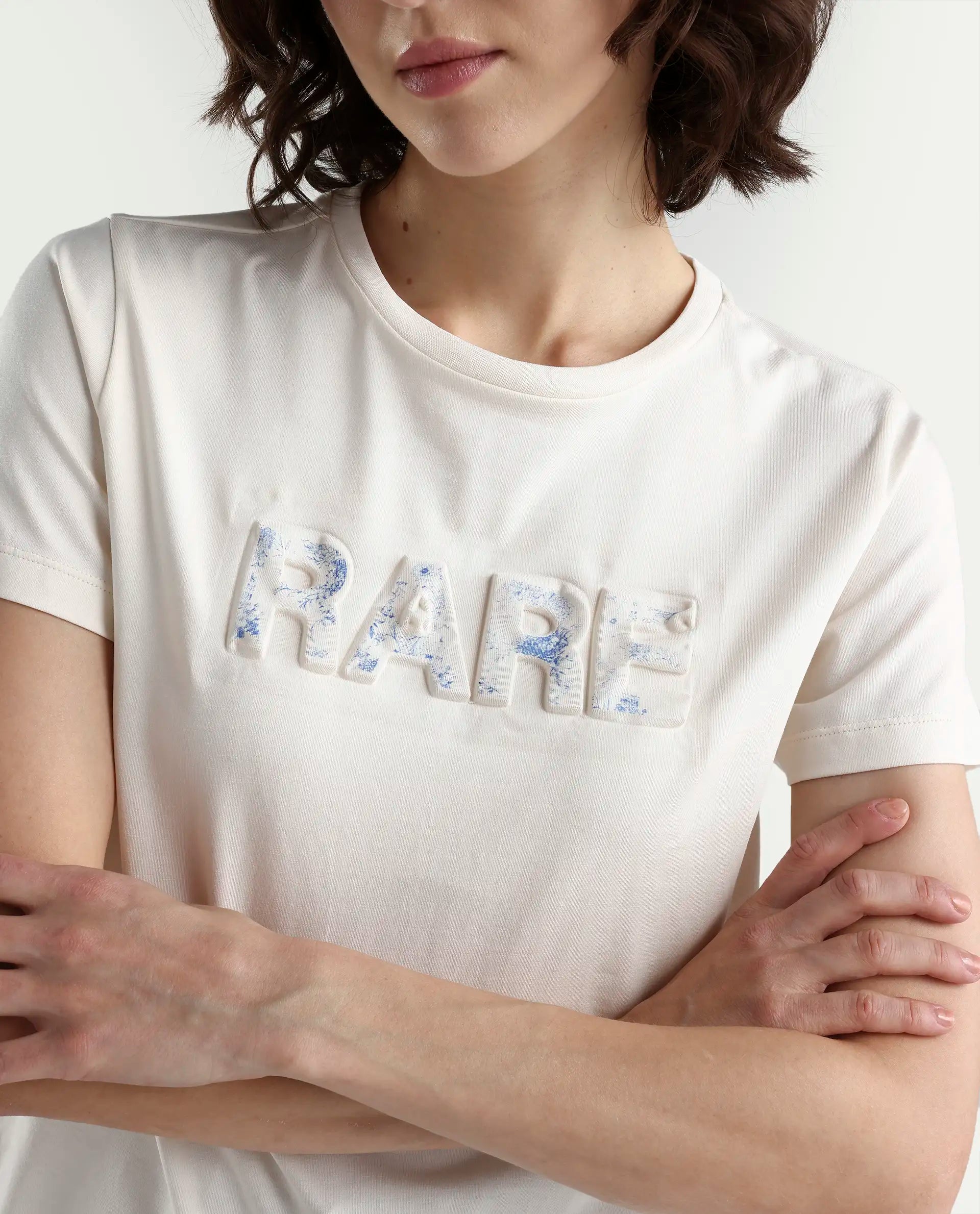Rareism Women's Zen Off White Cotton Blend Half Sleeve Regular Fit Printed T-Shirt