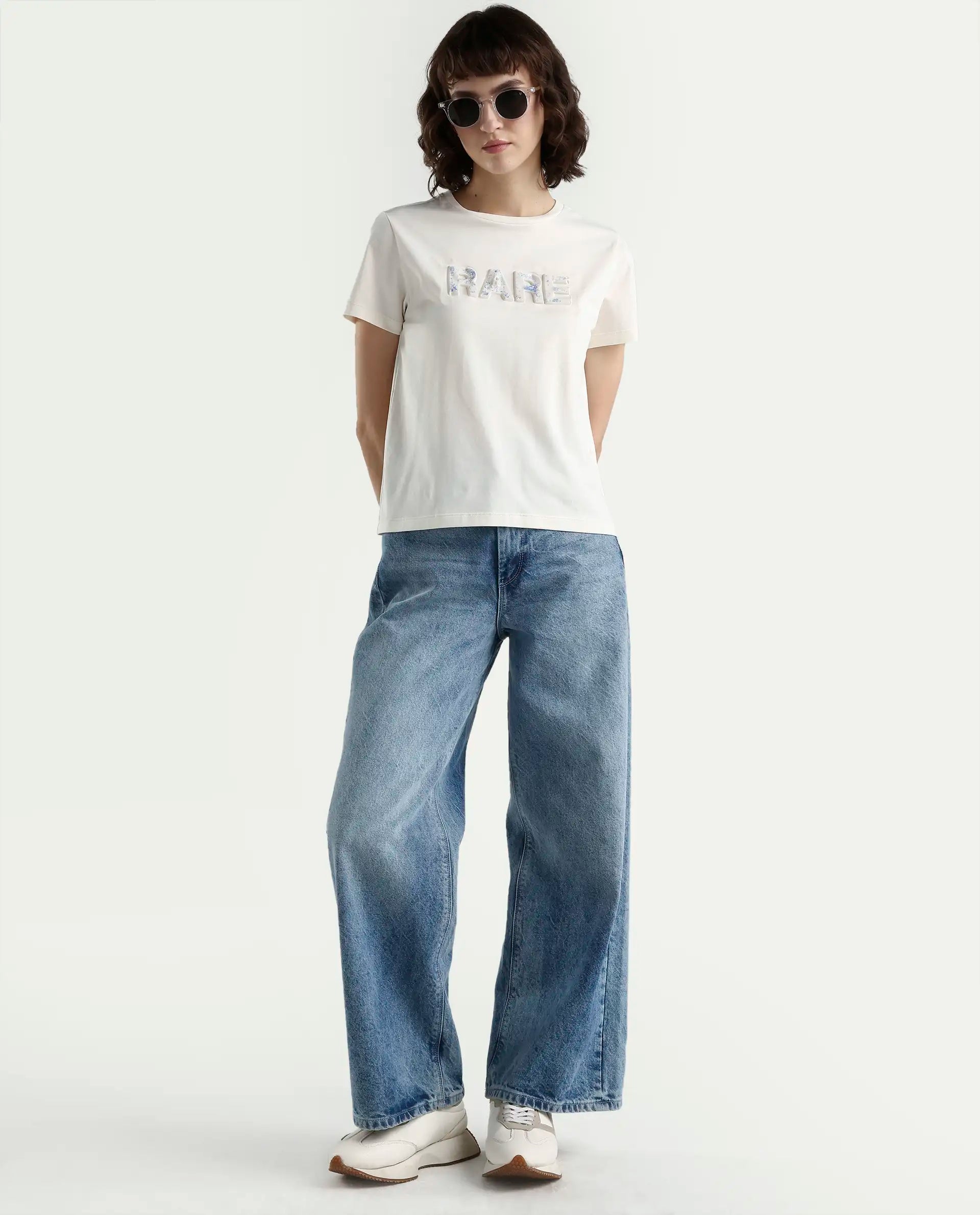 Rareism Women's Zen Off White Cotton Blend Half Sleeve Regular Fit Printed T-Shirt