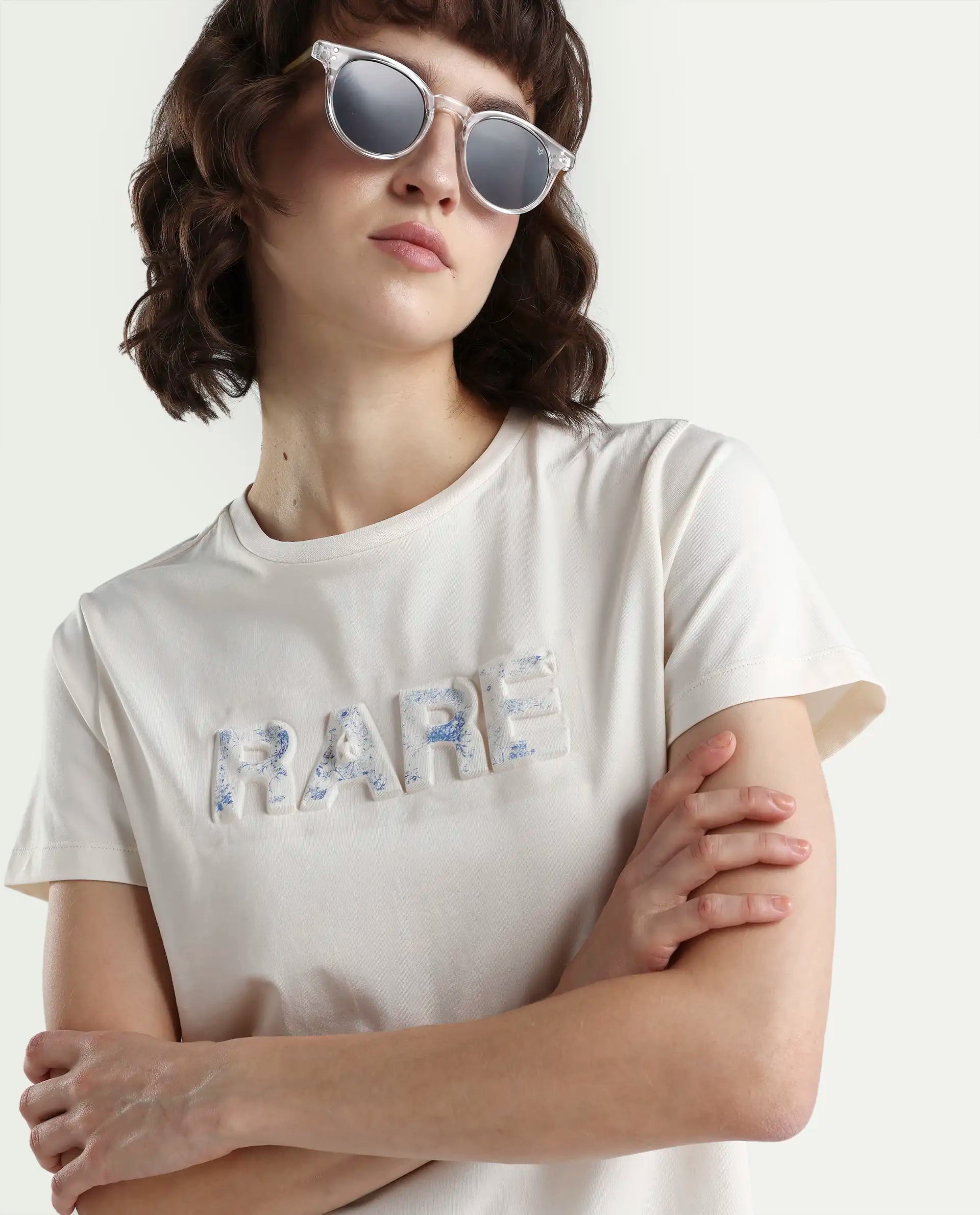 Rareism Women's Zen Off White Cotton Blend Half Sleeve Regular Fit Printed T-Shirt