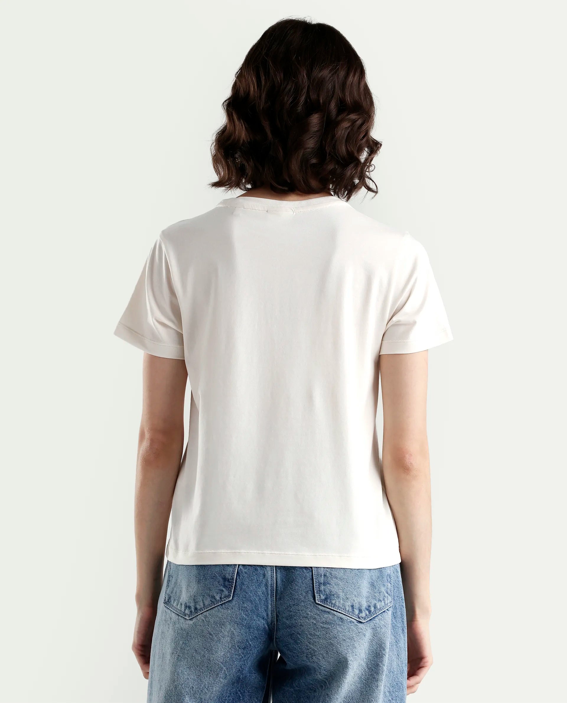 Rareism Women's Zen Off White Cotton Blend Half Sleeve Regular Fit Printed T-Shirt