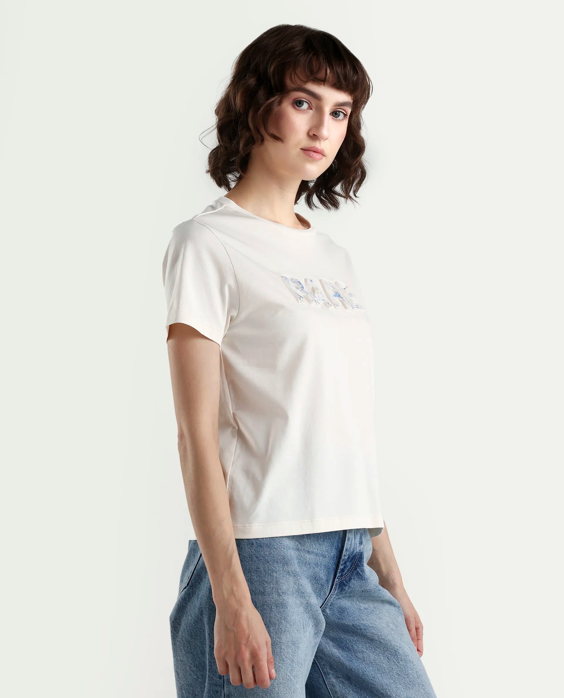 Rareism Women's Zen Off White Cotton Blend Half Sleeve Regular Fit Printed T-Shirt