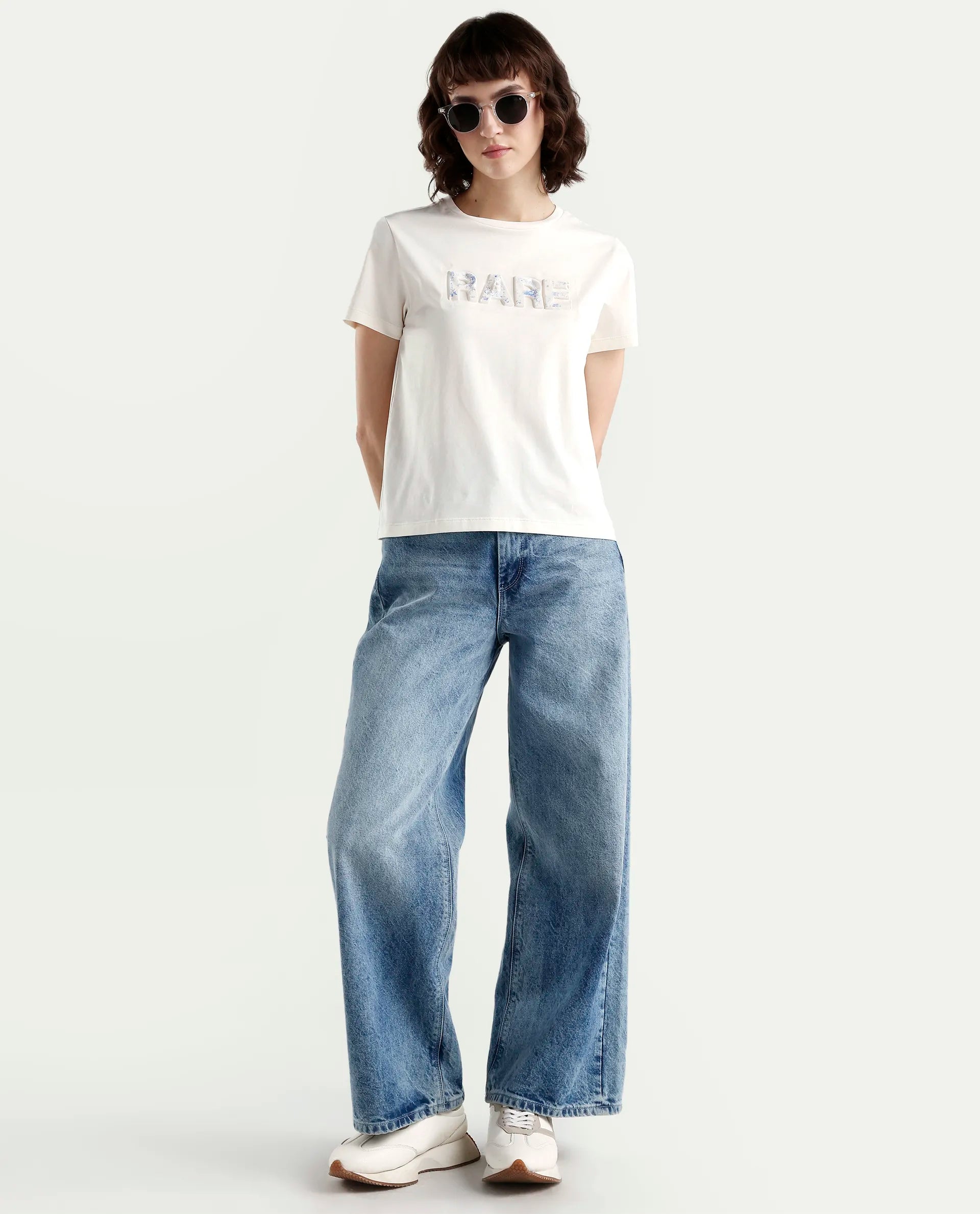 Rareism Women's Zen Off White Cotton Blend Half Sleeve Regular Fit Printed T-Shirt