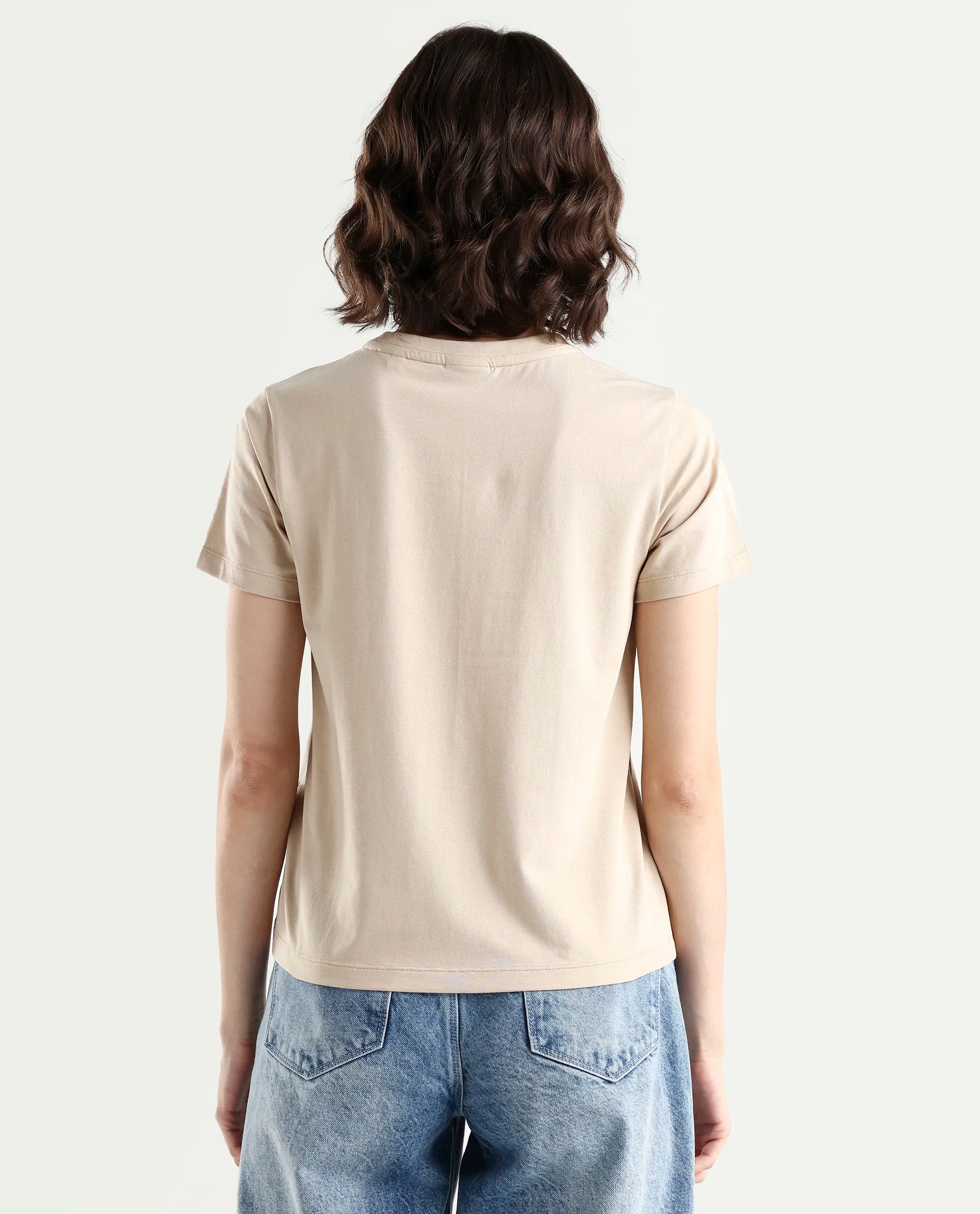 Rareism Women's Zak Beige Cotton Blend Half Sleeve Regular Fit Badge Print T-Shirt