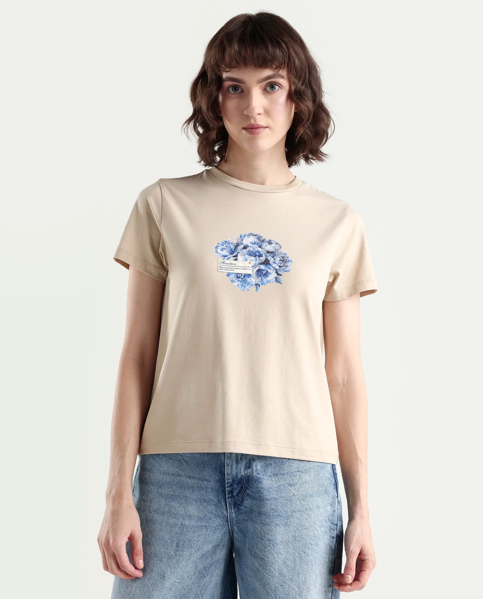 Rareism Women's Zak Beige Cotton Blend Half Sleeve Regular Fit Badge Print T-Shirt