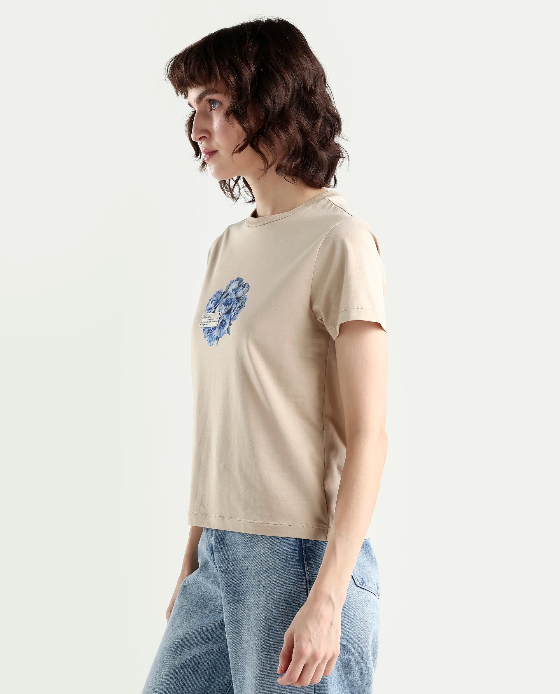 Rareism Women's Zak Beige Cotton Blend Half Sleeve Regular Fit Badge Print T-Shirt