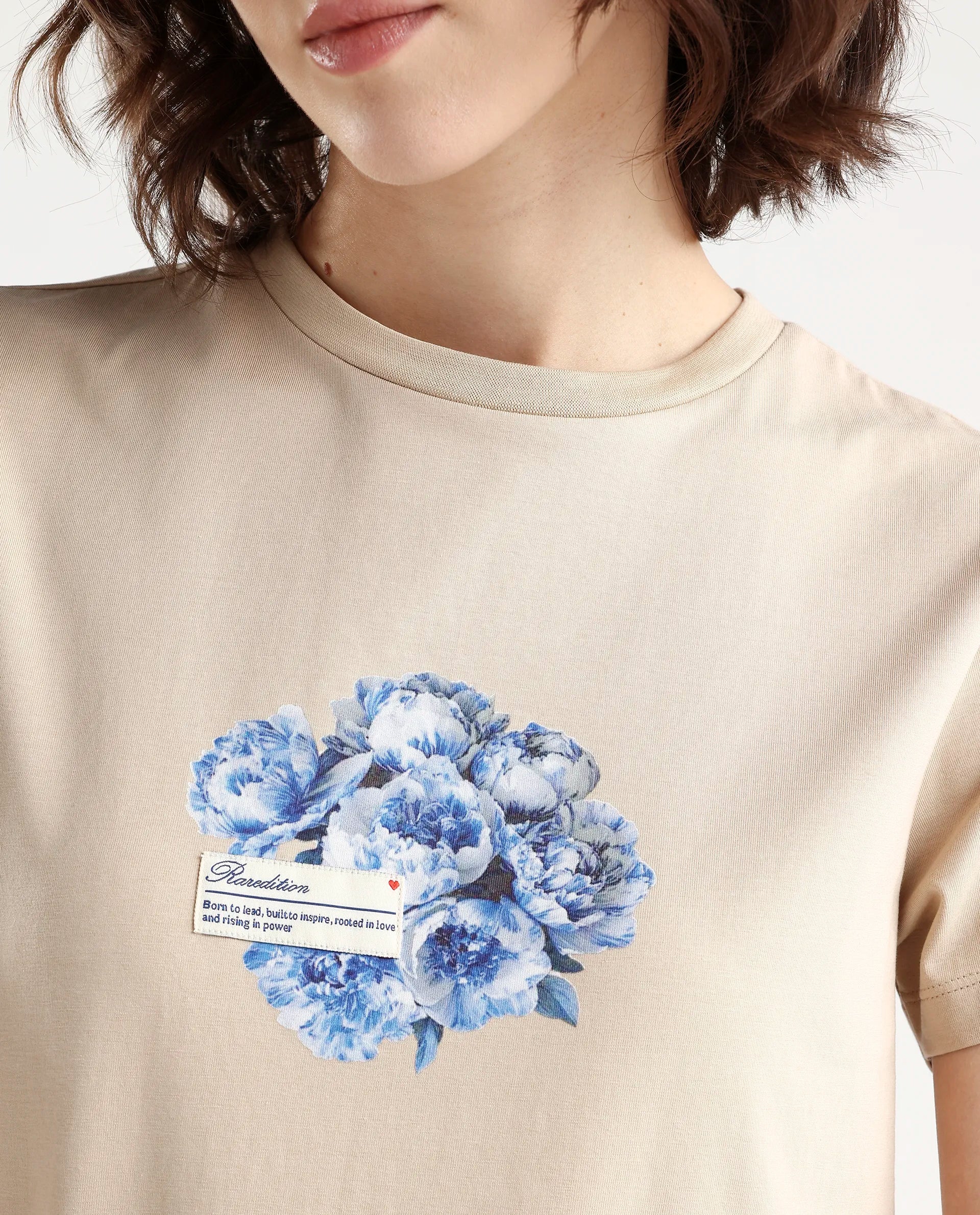 Rareism Women's Zak Beige Cotton Blend Half Sleeve Regular Fit Badge Print T-Shirt