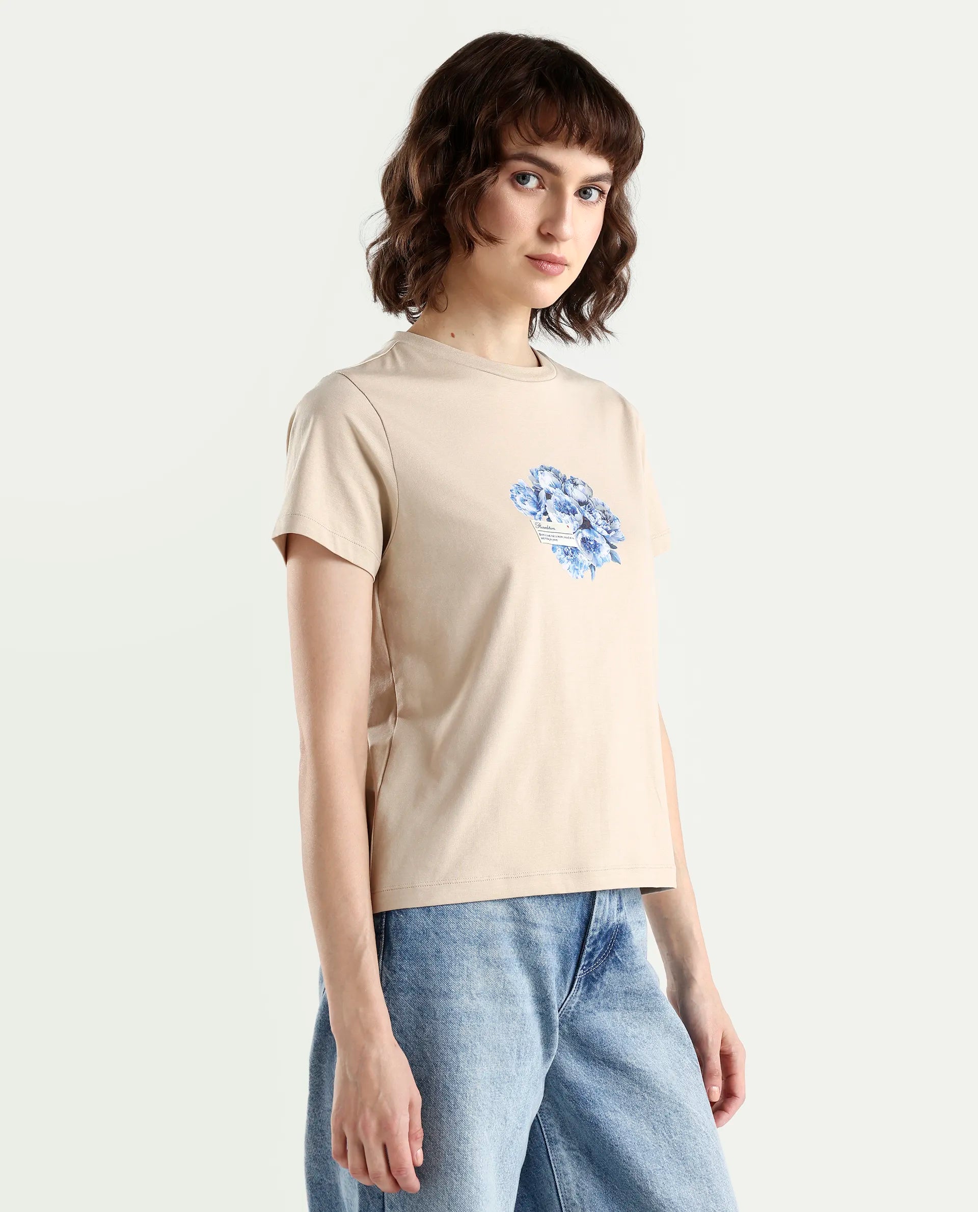 Rareism Women's Zak Beige Cotton Blend Half Sleeve Regular Fit Badge Print T-Shirt