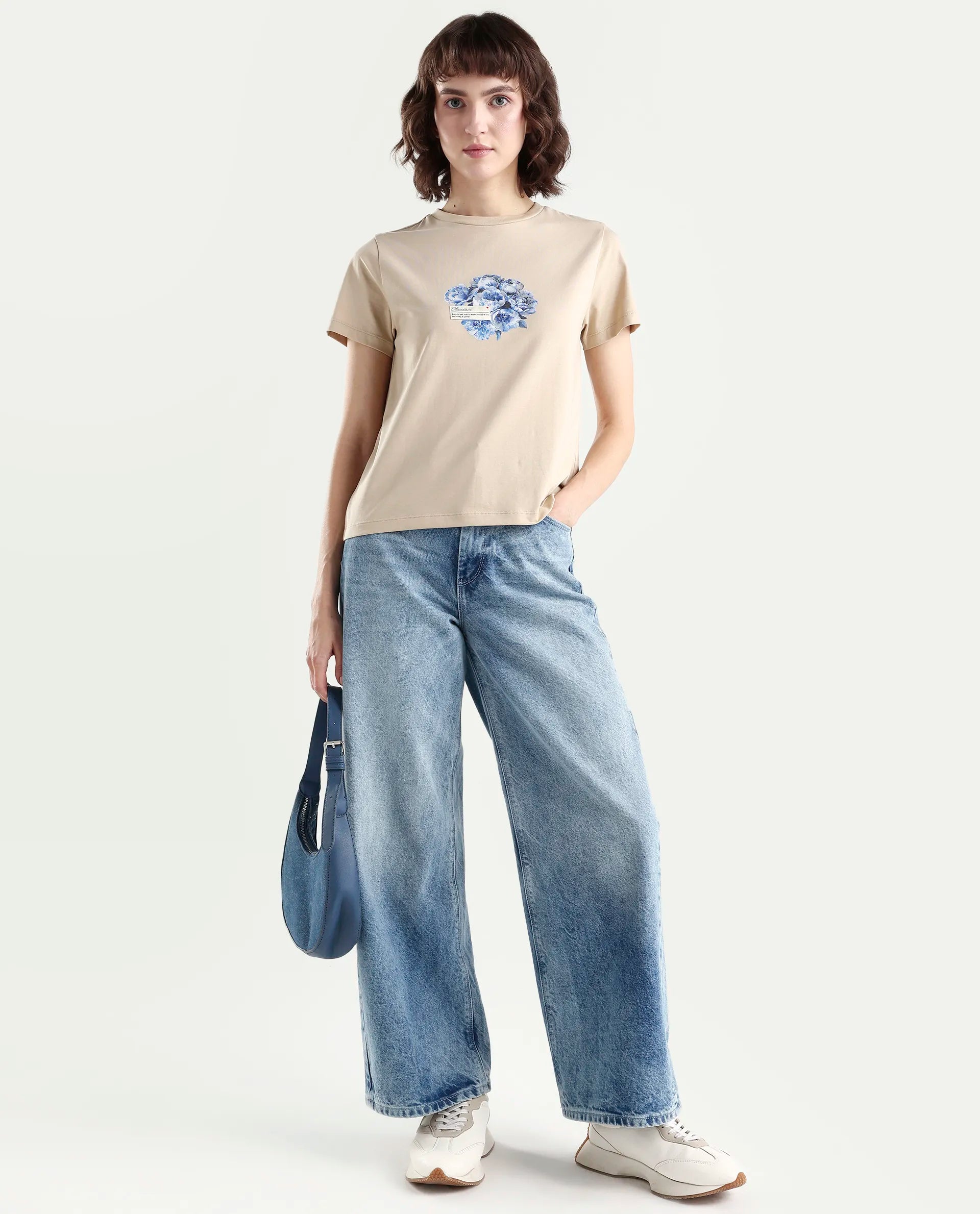 Rareism Women's Zak Beige Cotton Blend Half Sleeve Regular Fit Badge Print T-Shirt