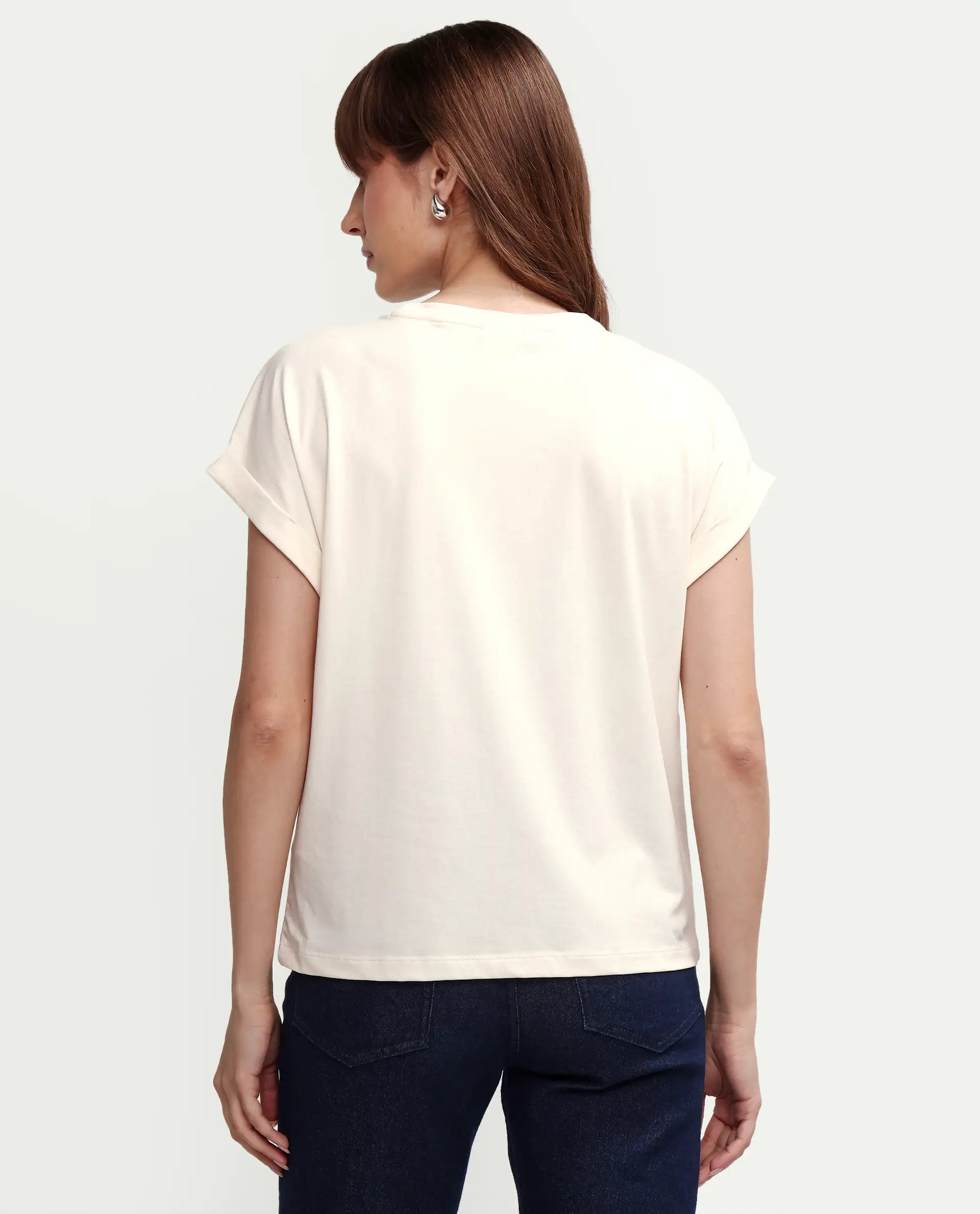 Rareism Women's Zucy Off White Cotton Blend Half Sleeve Relaxed Fit Digital Print T-Shirt