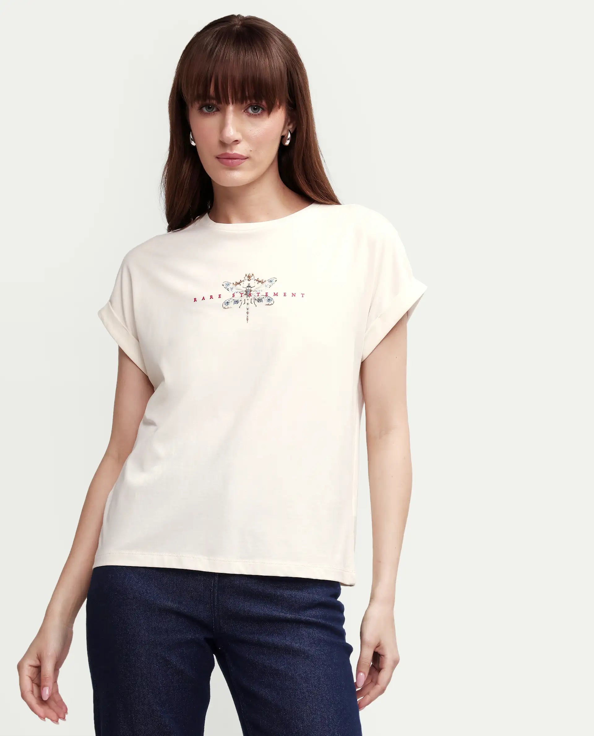 Rareism Women's Zucy Off White Cotton Blend Half Sleeve Relaxed Fit Digital Print T-Shirt