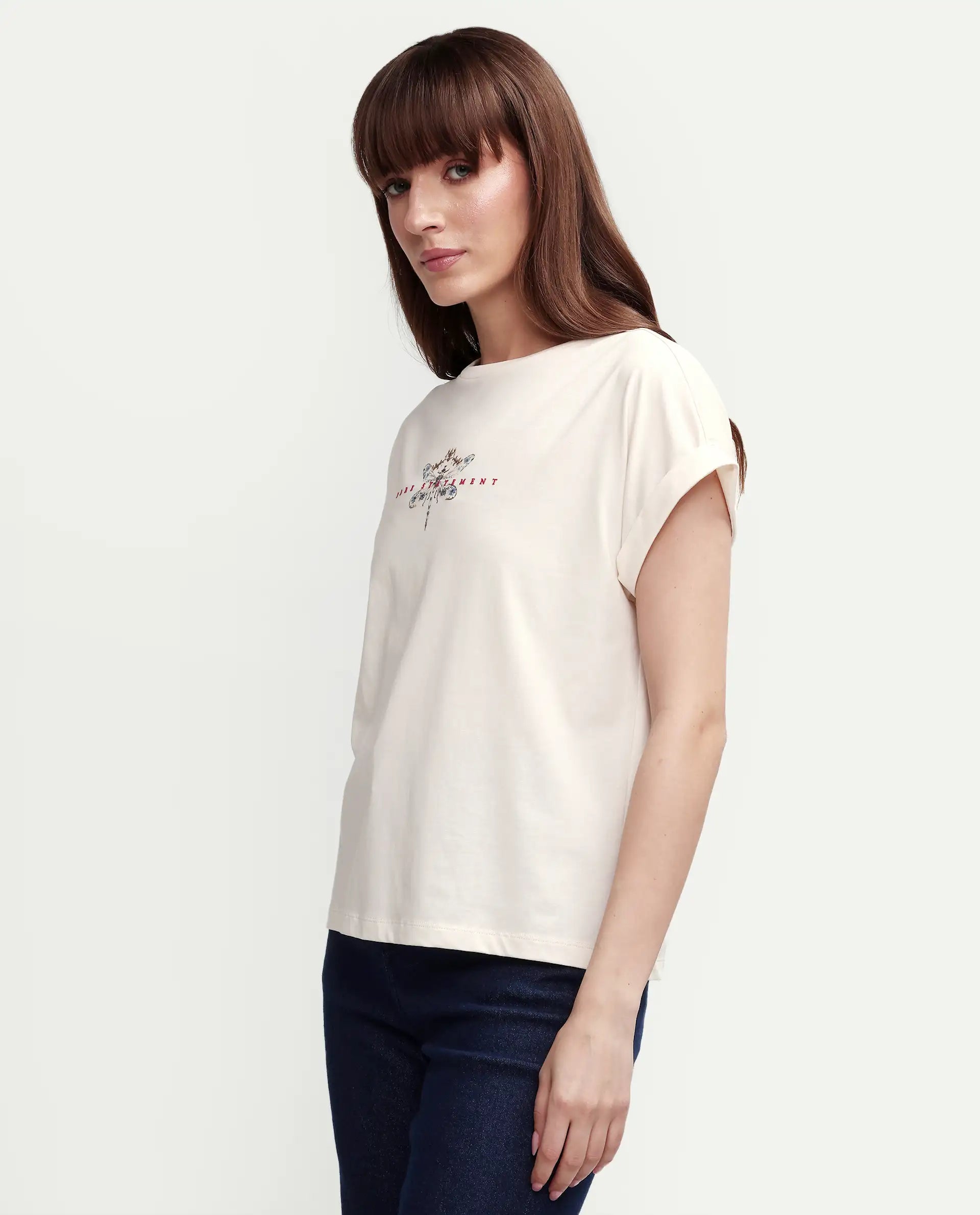 Rareism Women's Zucy Off White Cotton Blend Half Sleeve Relaxed Fit Digital Print T-Shirt