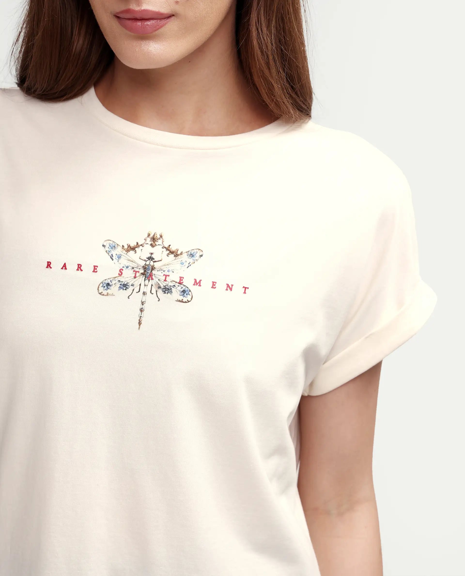 Rareism Women's Zucy Off White Cotton Blend Half Sleeve Relaxed Fit Digital Print T-Shirt