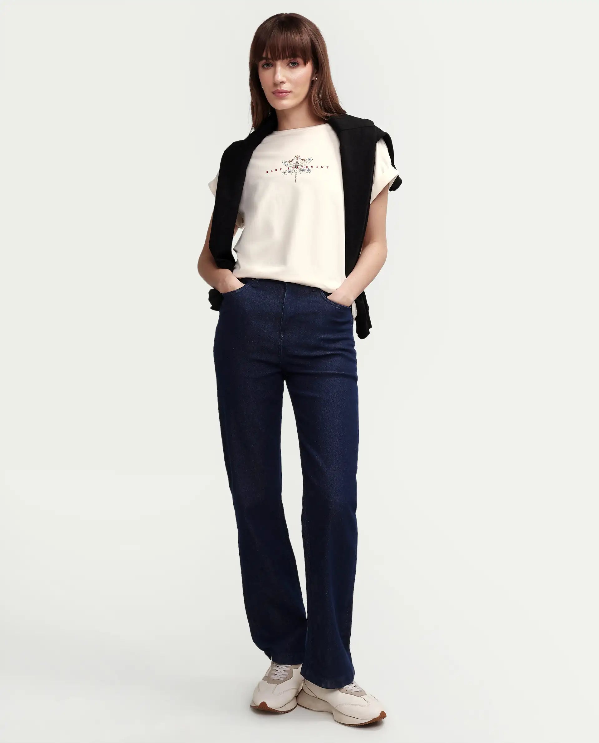 Rareism Women's Zucy Off White Cotton Blend Half Sleeve Relaxed Fit Digital Print T-Shirt