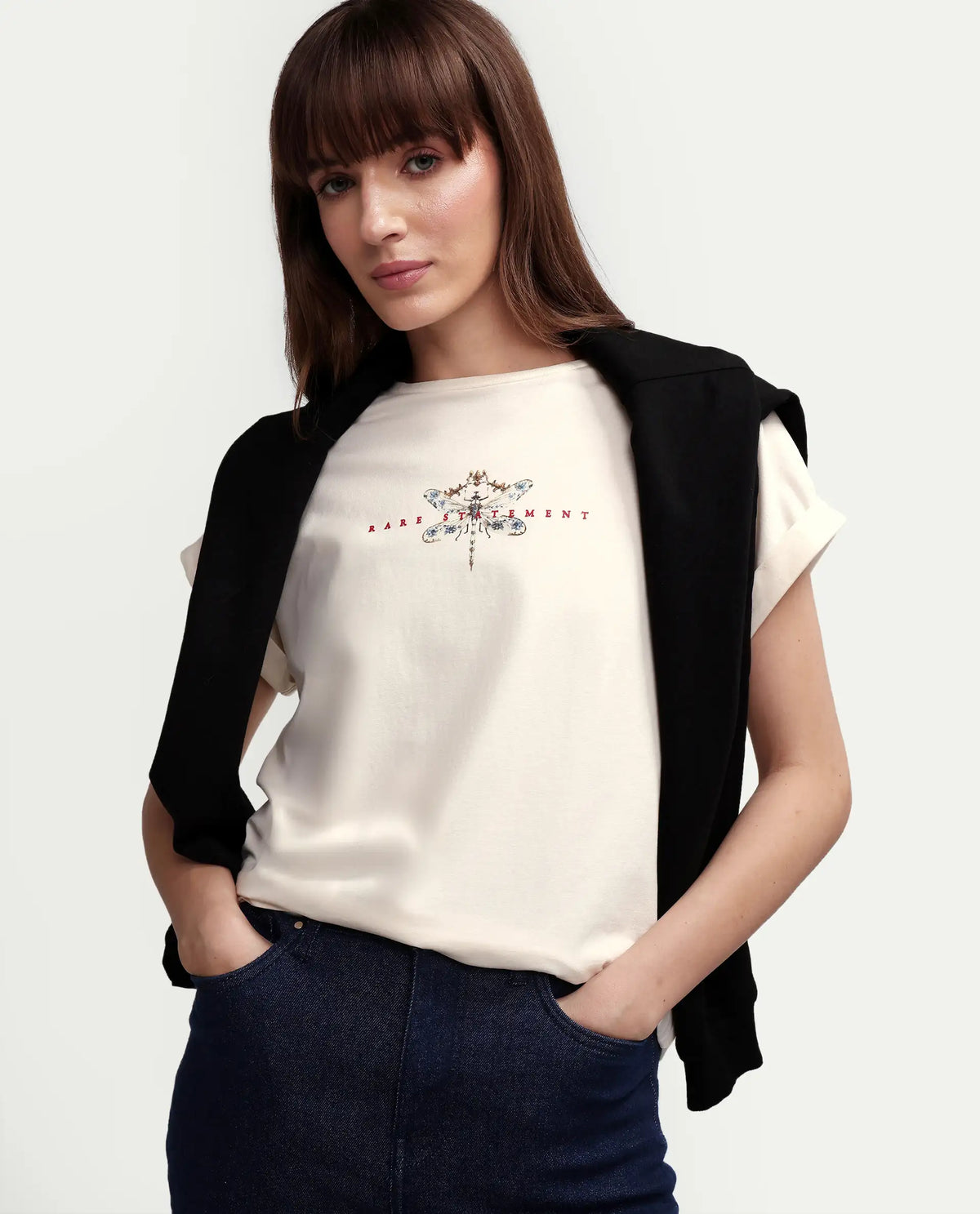 Rareism Women's Zucy Off White Cotton Blend Half Sleeve Relaxed Fit Digital Print T-Shirt