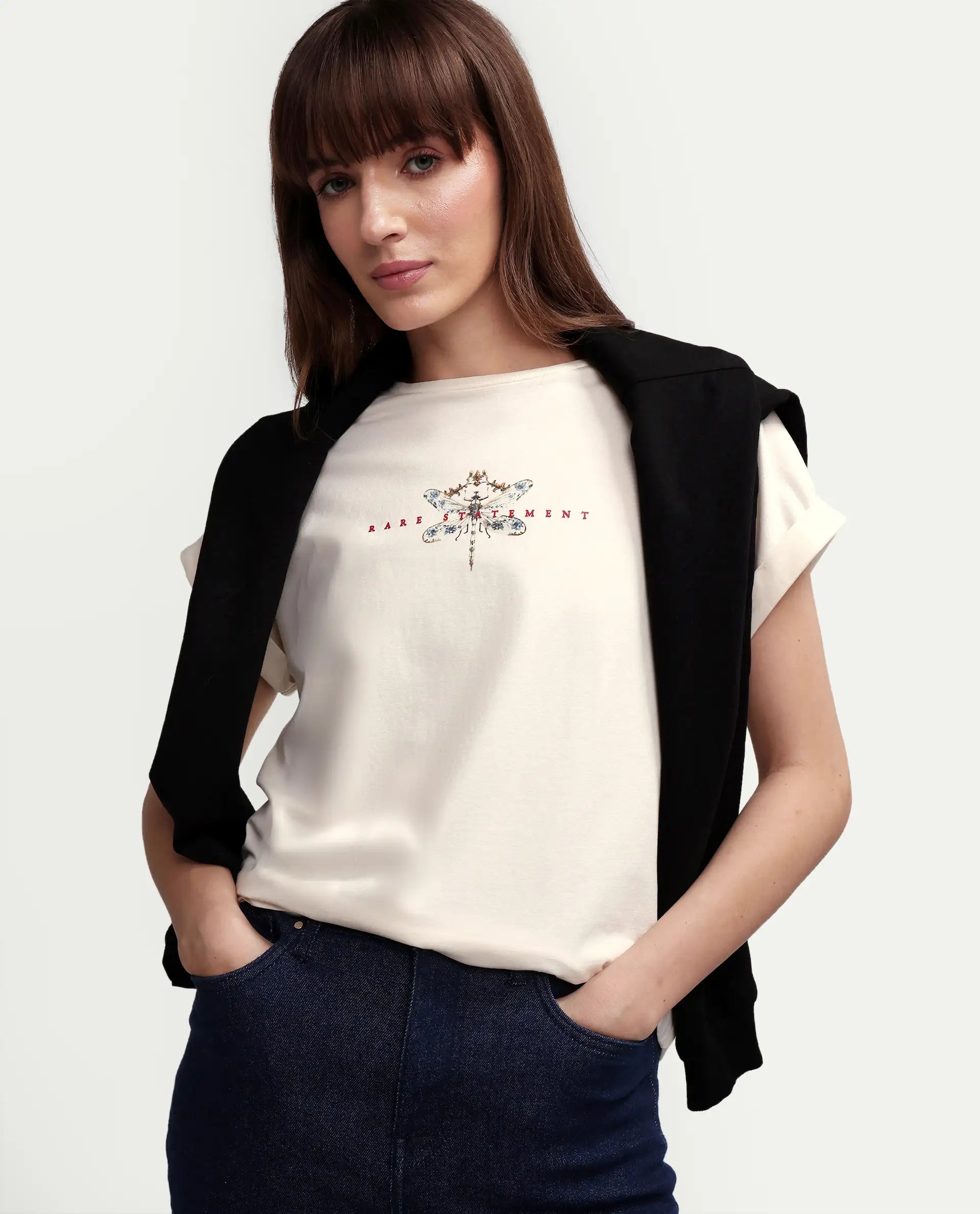 Rareism Women's Zucy Off White Cotton Blend Half Sleeve Relaxed Fit Digital Print T-Shirt