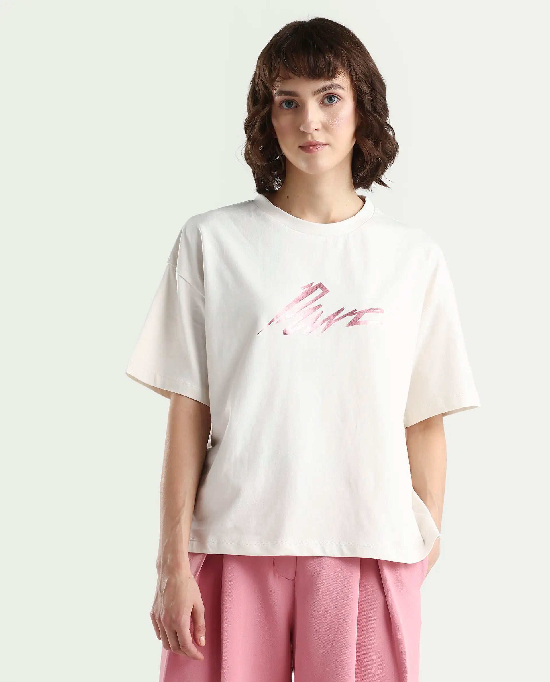 Rareism Women's Zopez Off White Cotton Half Sleeve Boxy Typography Print T-Shirt