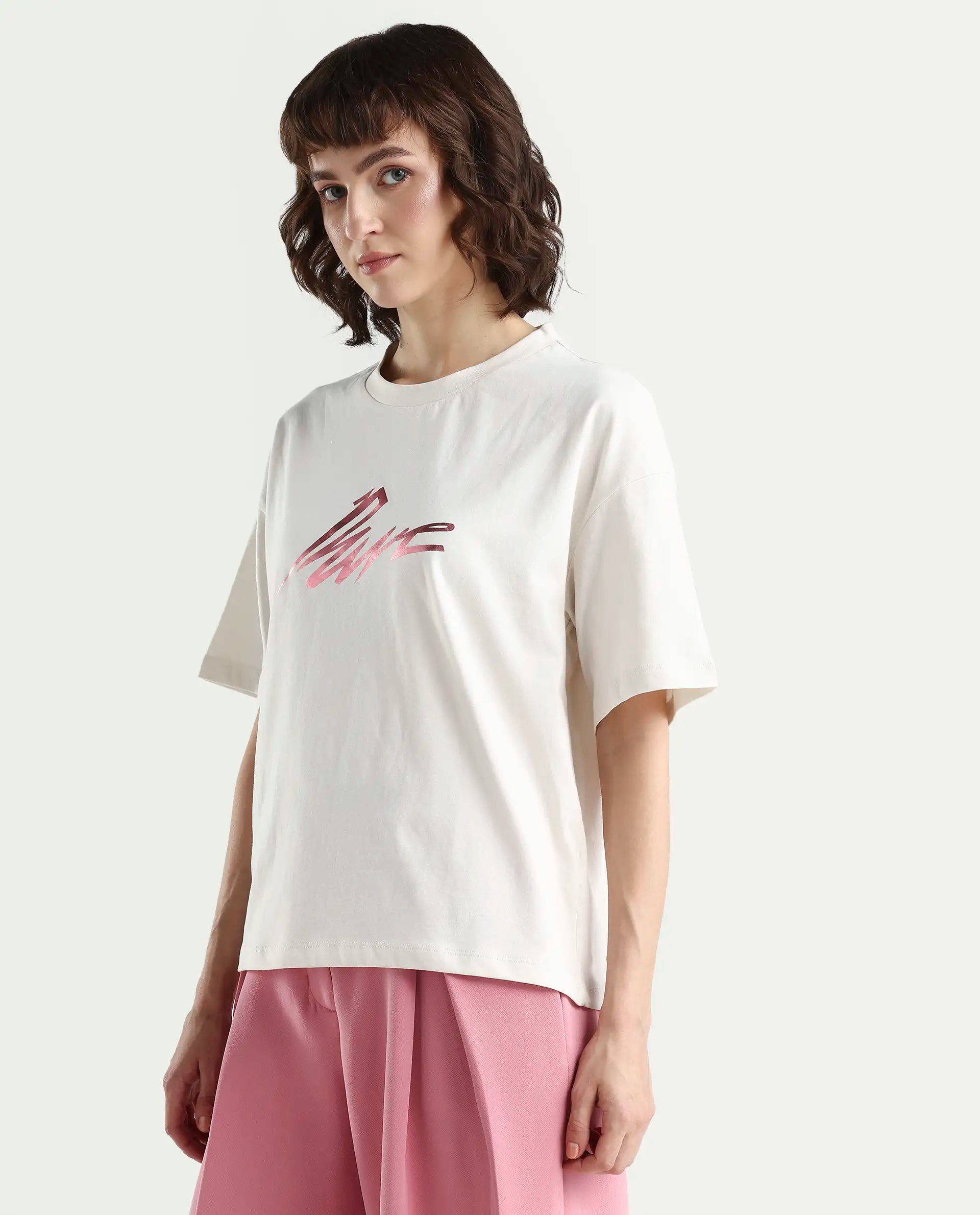 Rareism Women's Zopez Off White Cotton Half Sleeve Boxy Typography Print T-Shirt