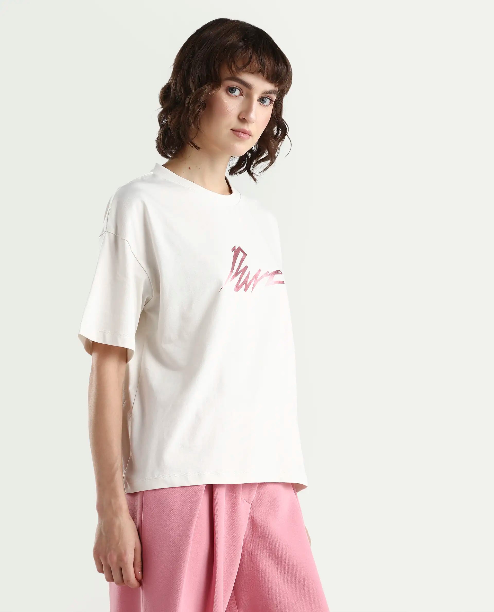 Rareism Women's Zopez Off White Cotton Half Sleeve Boxy Typography Print T-Shirt