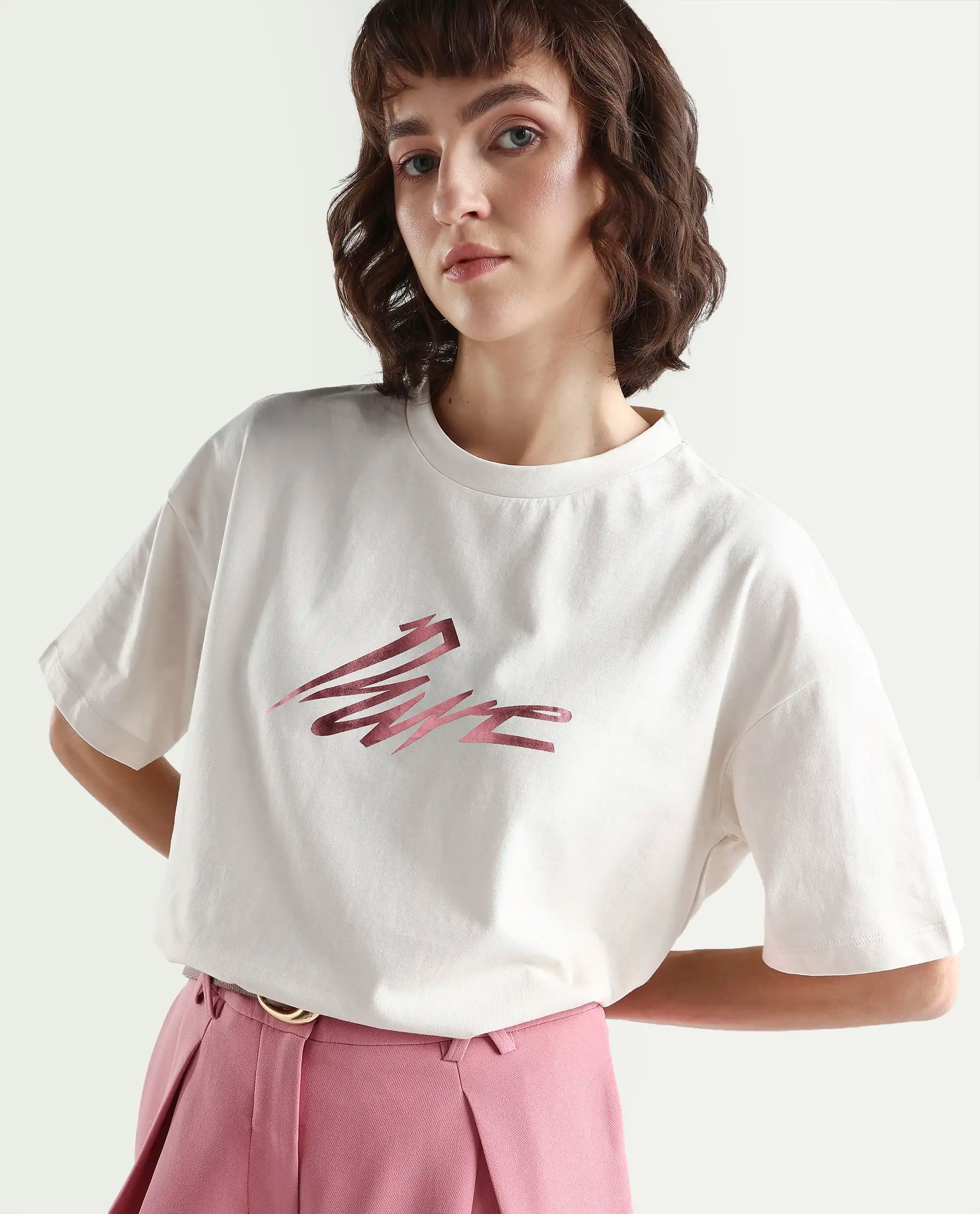 Rareism Women's Zopez Off White Cotton Half Sleeve Boxy Typography Print T-Shirt