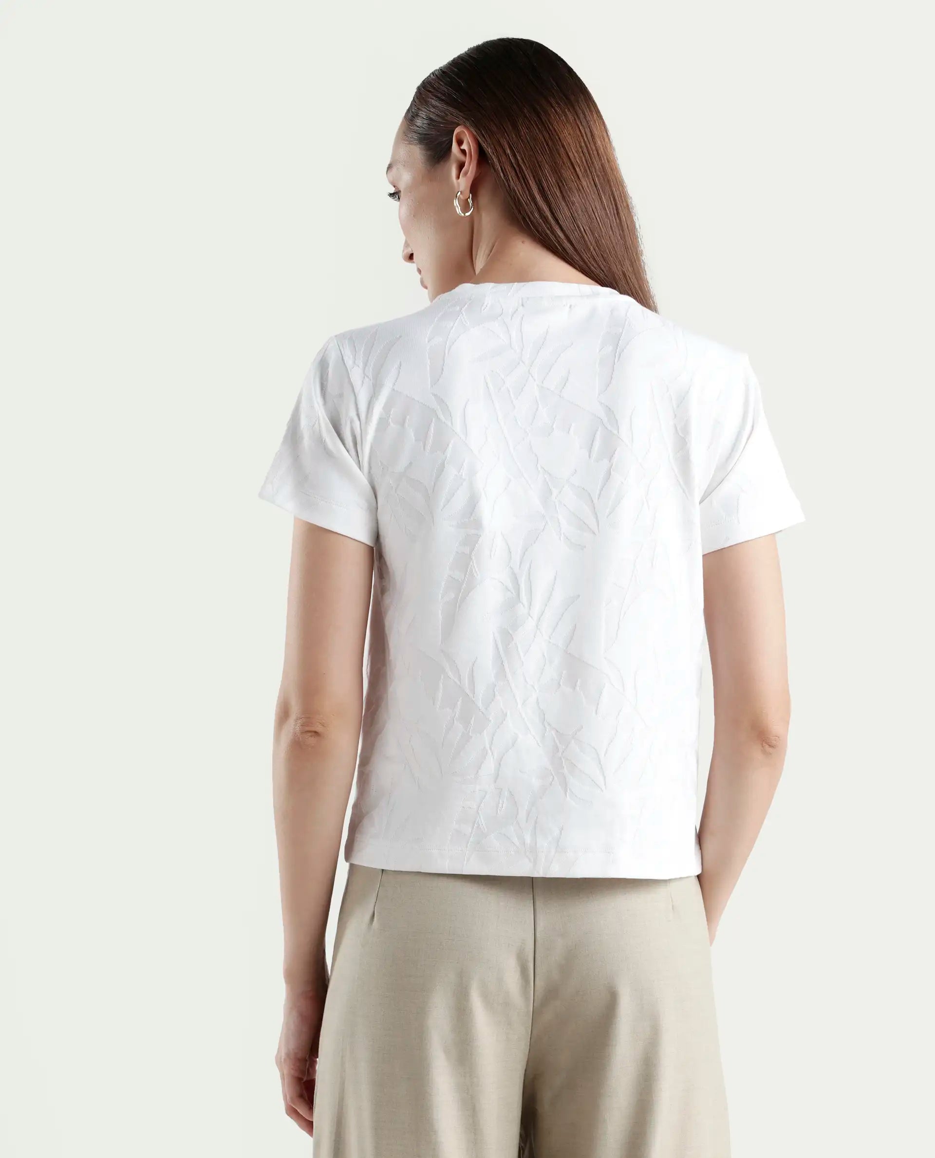 Rareism Women's Zurie Off White Cotton Blend Half Sleeve Crew Neck Regular Fit Jacquard T-Shirt