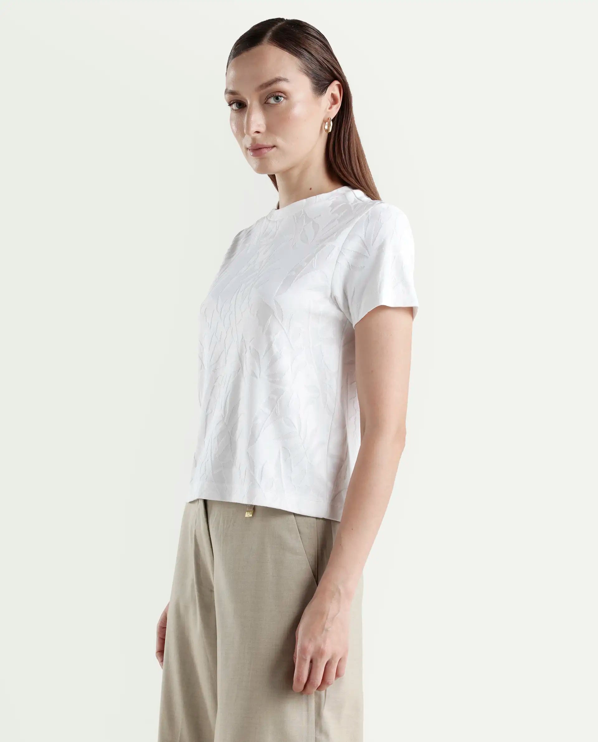 Rareism Women's Zurie Off White Cotton Blend Half Sleeve Crew Neck Regular Fit Jacquard T-Shirt