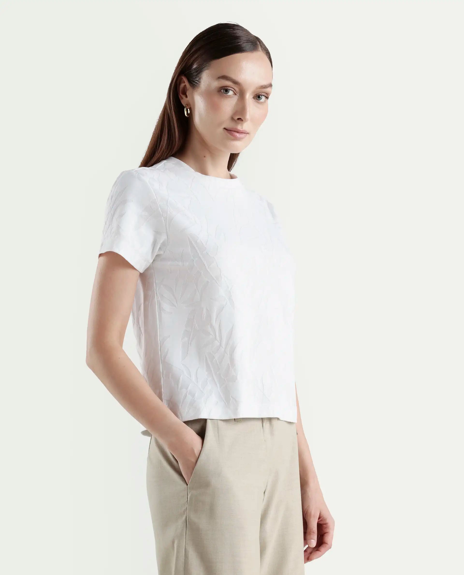 Rareism Women's Zurie Off White Cotton Blend Half Sleeve Crew Neck Regular Fit Jacquard T-Shirt