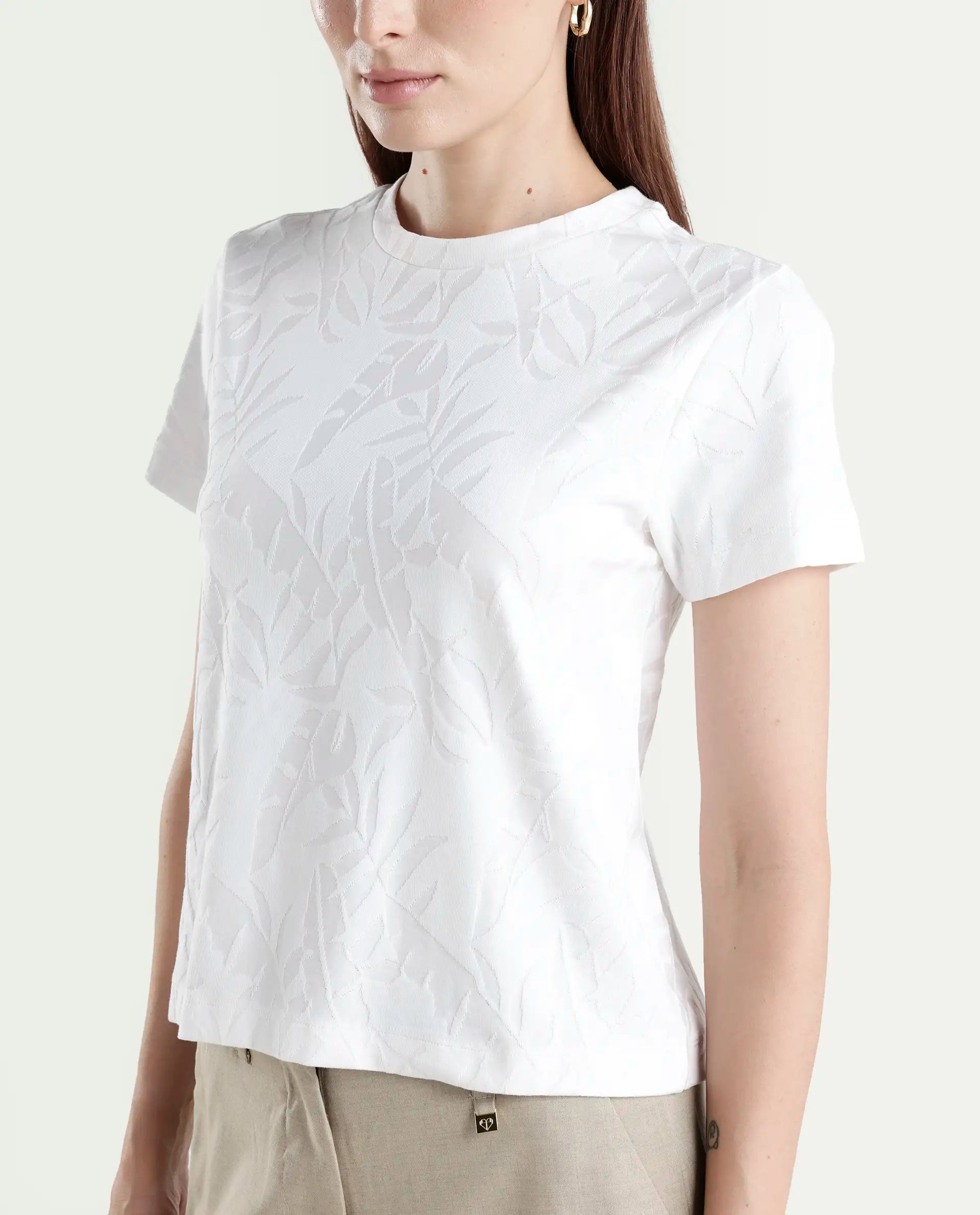 Rareism Women's Zurie Off White Cotton Blend Half Sleeve Crew Neck Regular Fit Jacquard T-Shirt