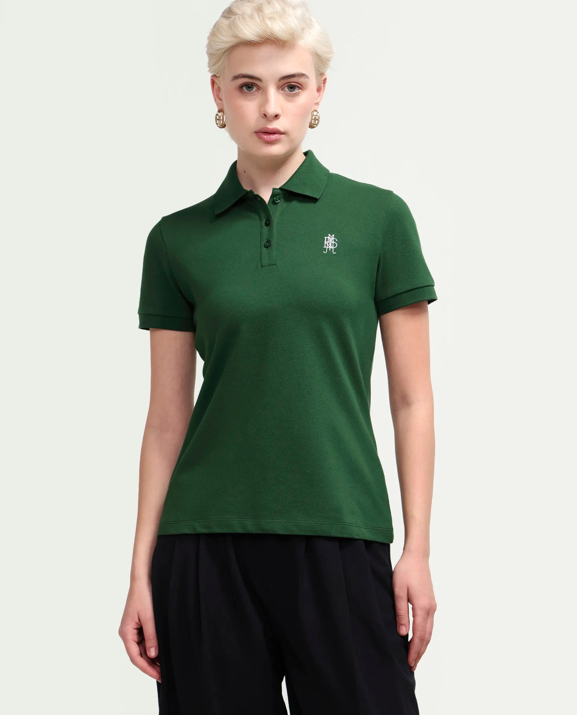 Rareism Women's Zonrad Dark Green Cotton Blend Half Sleeve Regular Fit Plain Polo
