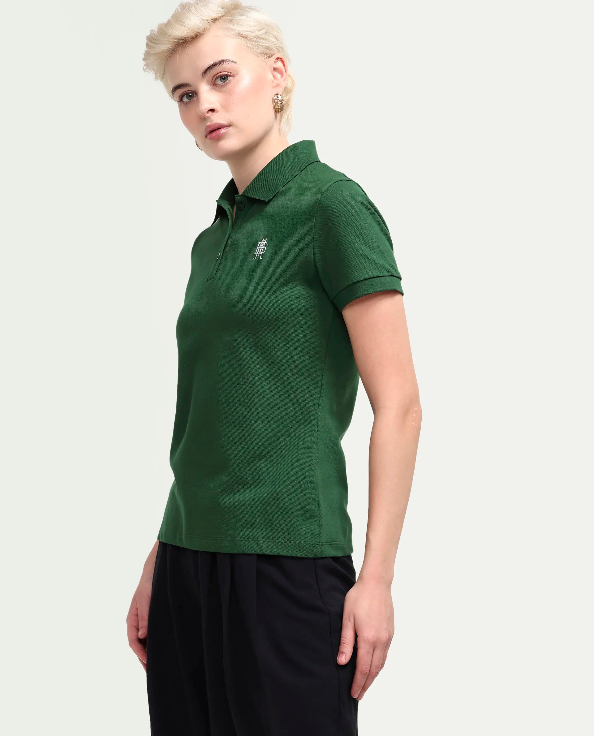 Rareism Women's Zonrad Dark Green Cotton Blend Half Sleeve Regular Fit Plain Polo