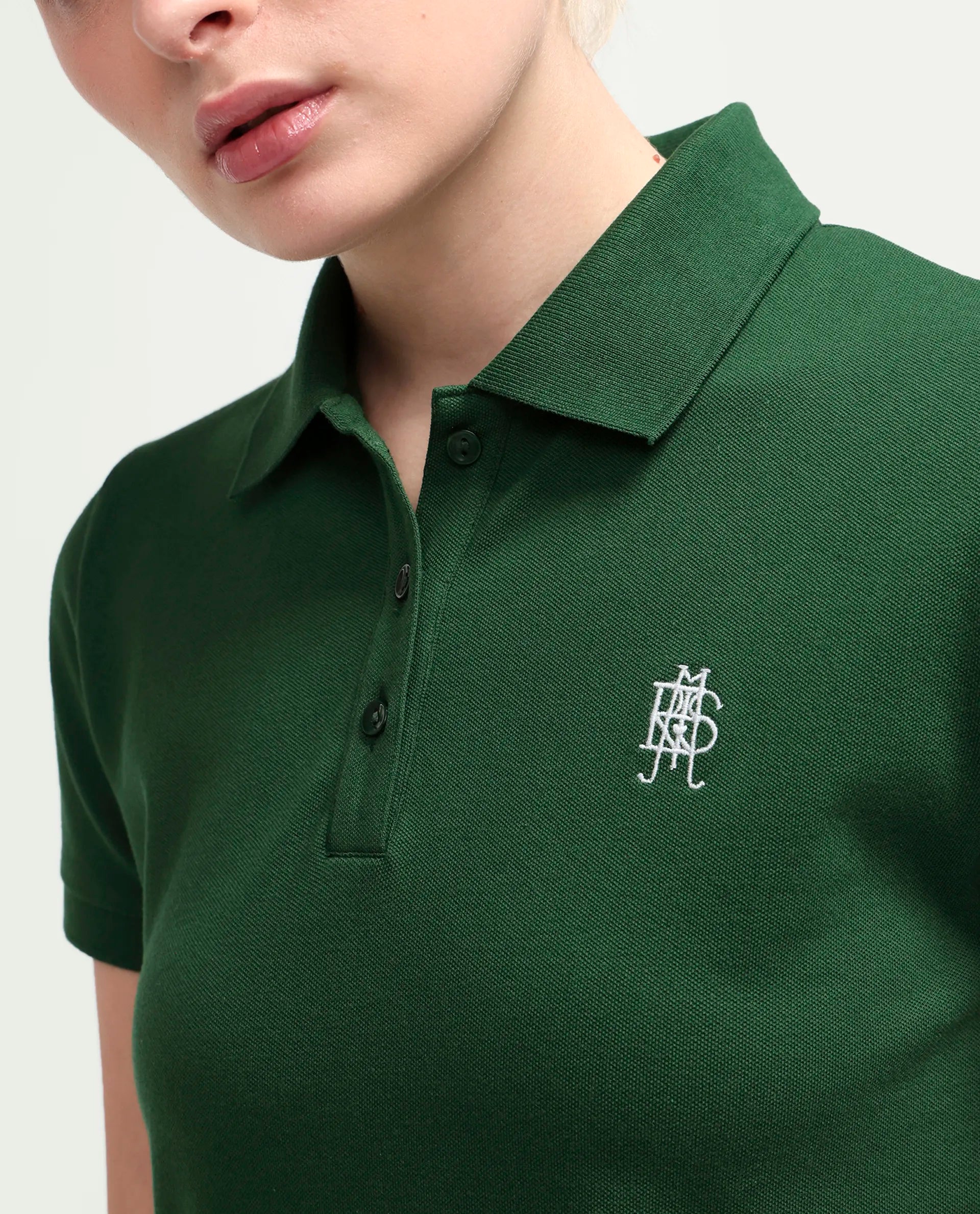 Rareism Women's Zonrad Dark Green Cotton Blend Half Sleeve Regular Fit Plain Polo