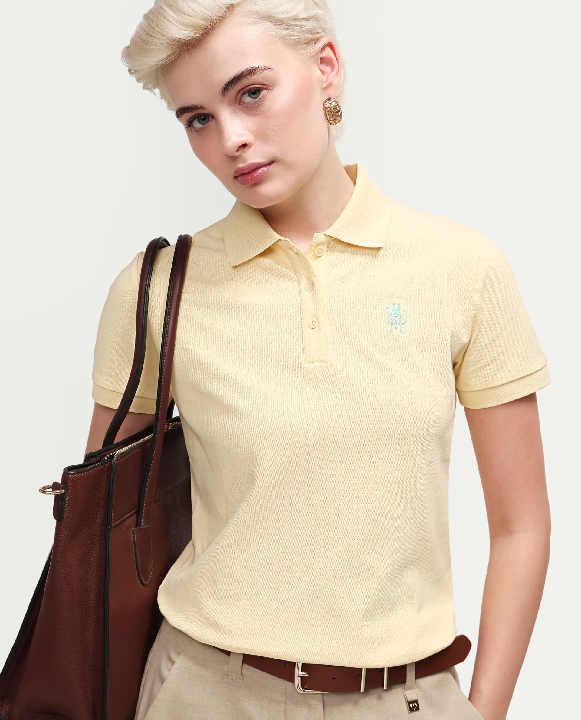 Rareism Women's Zonrad Light Yellow Cotton Blend Half Sleeve Regular Fit Plain Polo