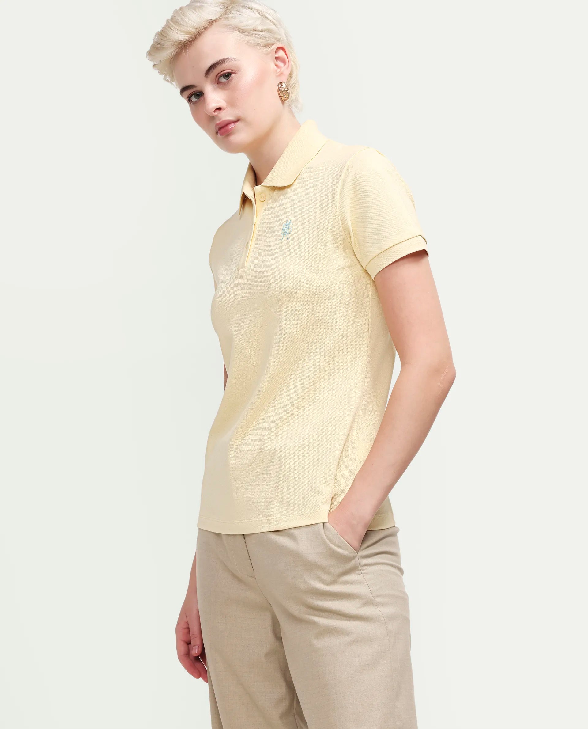 Rareism Women's Zonrad Light Yellow Cotton Blend Half Sleeve Regular Fit Plain Polo