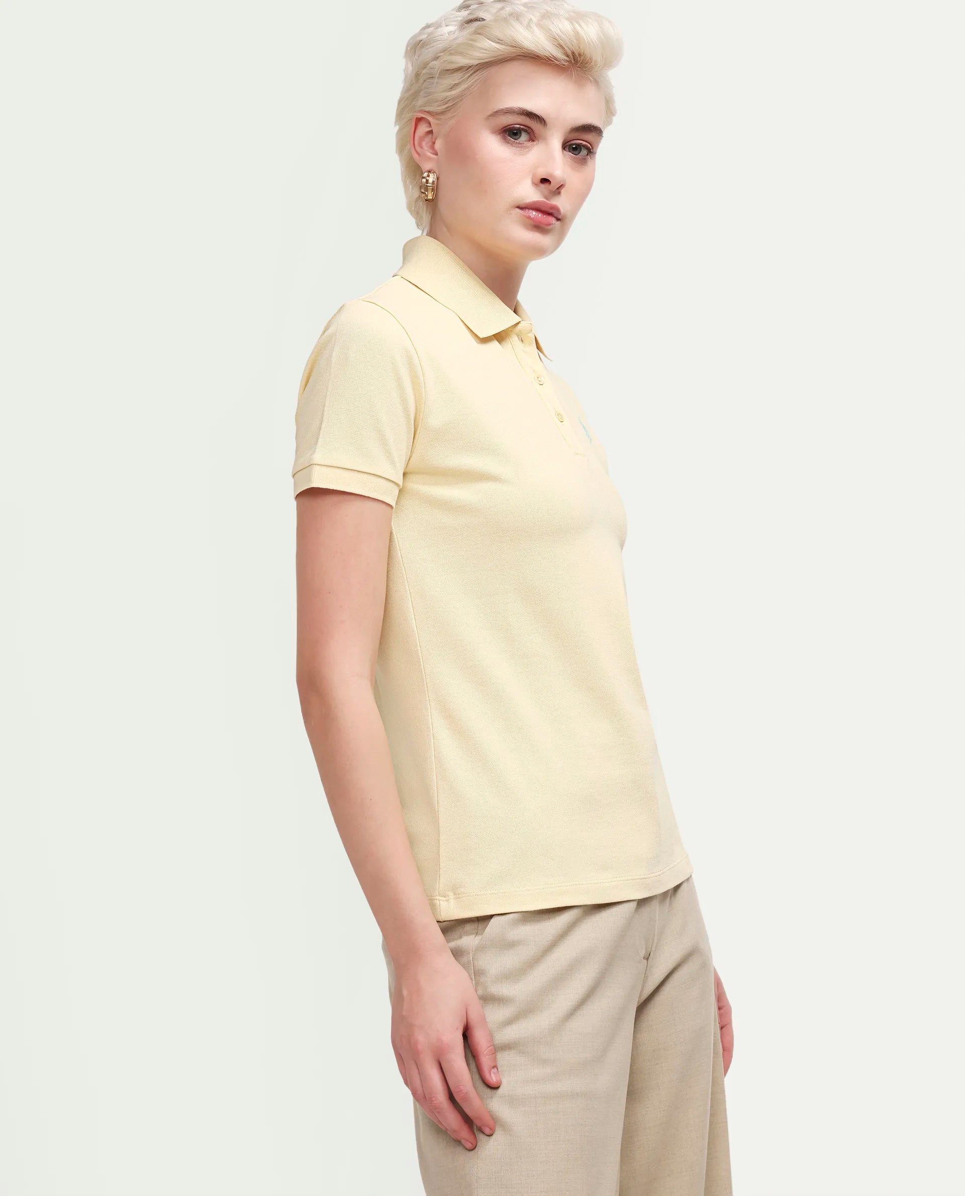 Rareism Women's Zonrad Light Yellow Cotton Blend Half Sleeve Regular Fit Plain Polo