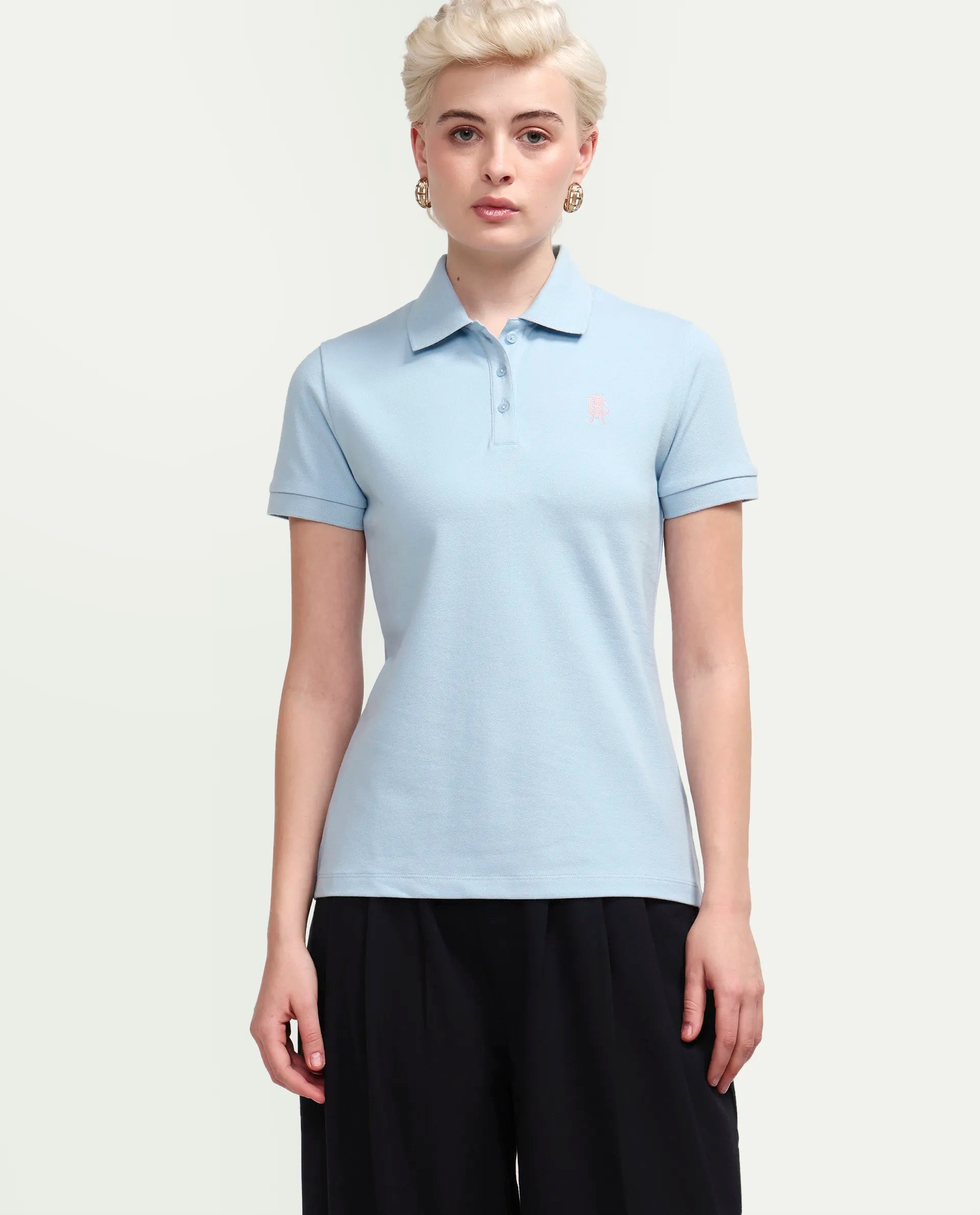 Rareism Women's Zonrad Light Blue Cotton Blend Half Sleeve Regular Fit Plain Polo