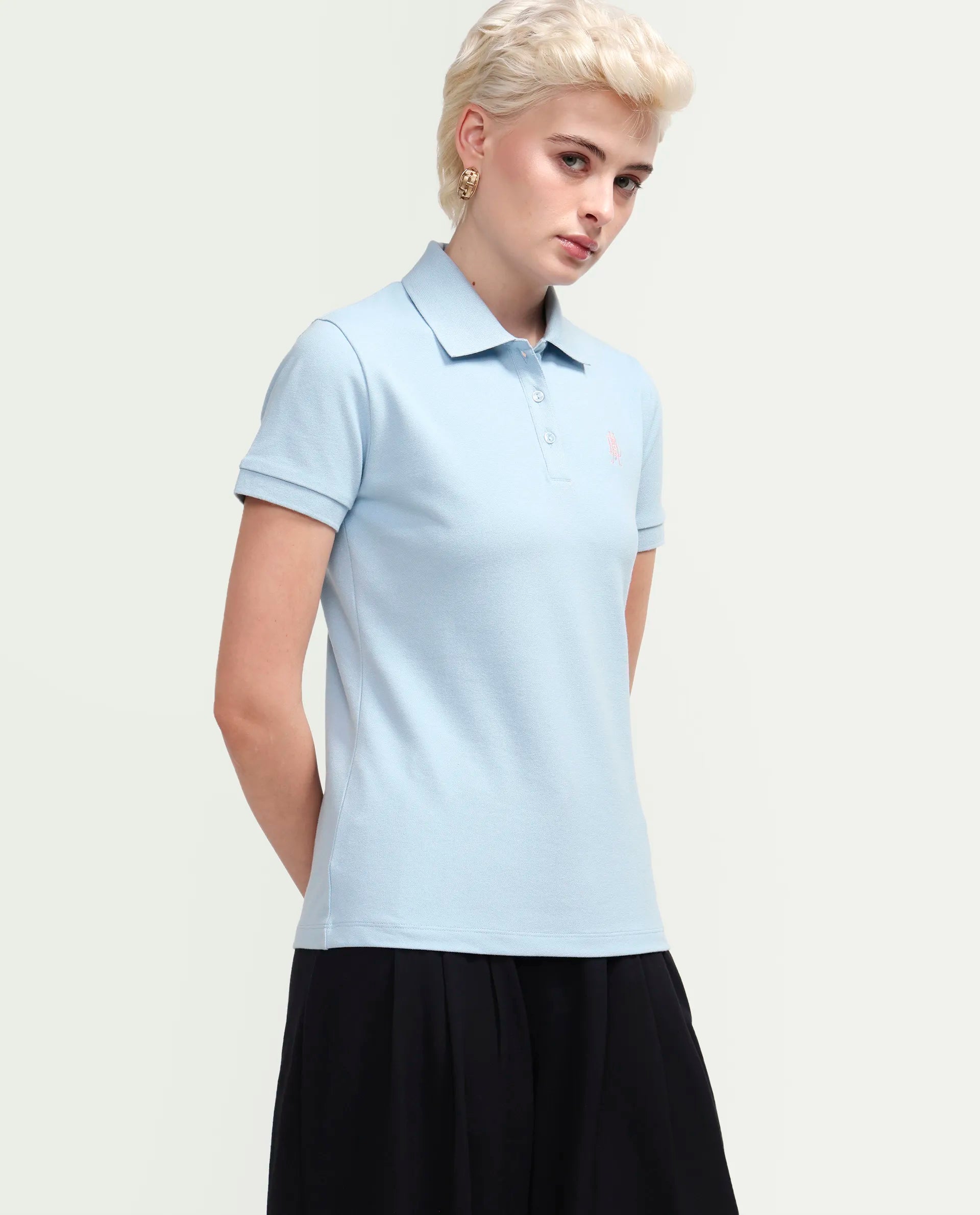 Rareism Women's Zonrad Light Blue Cotton Blend Half Sleeve Regular Fit Plain Polo