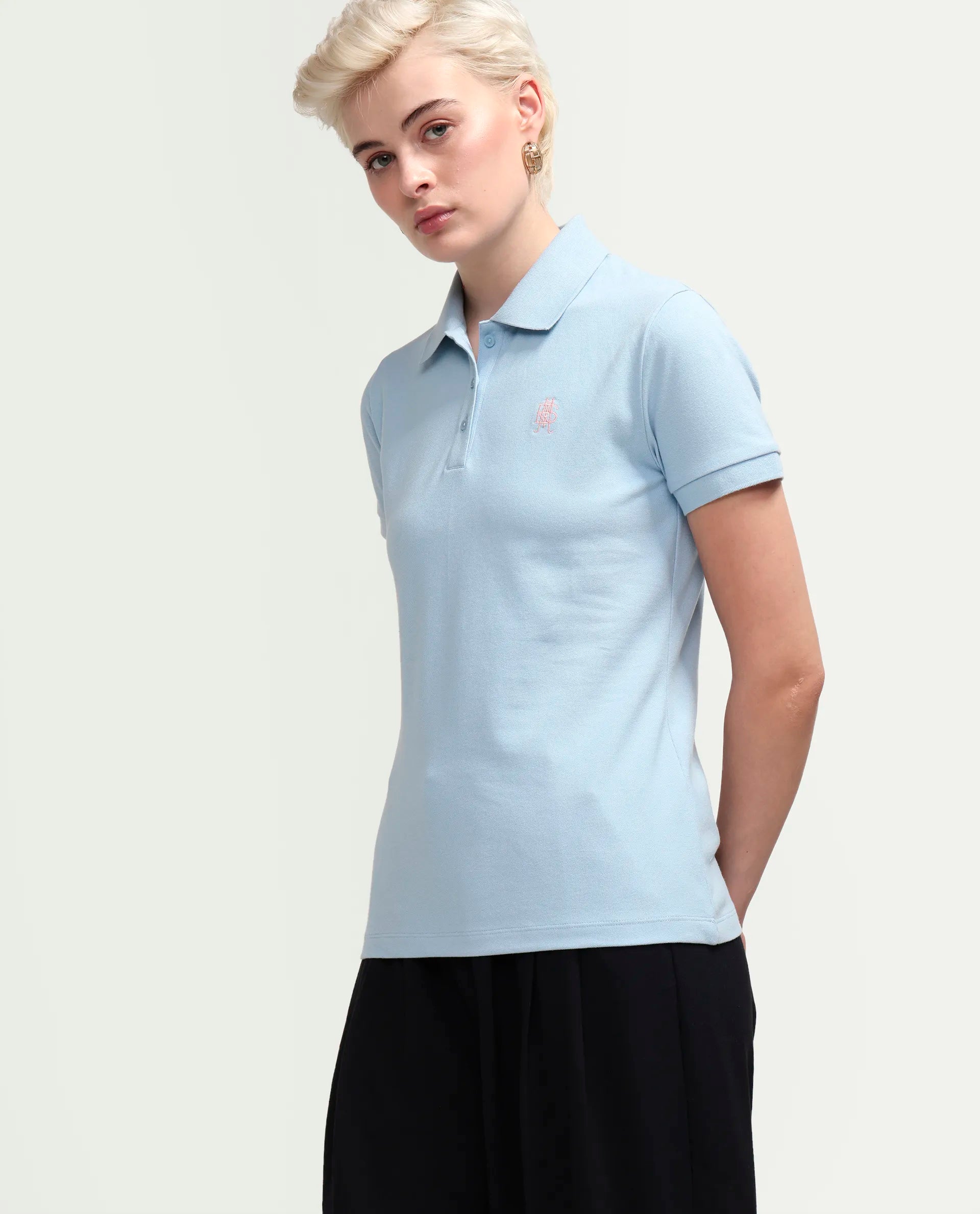 Rareism Women's Zonrad Light Blue Cotton Blend Half Sleeve Regular Fit Plain Polo