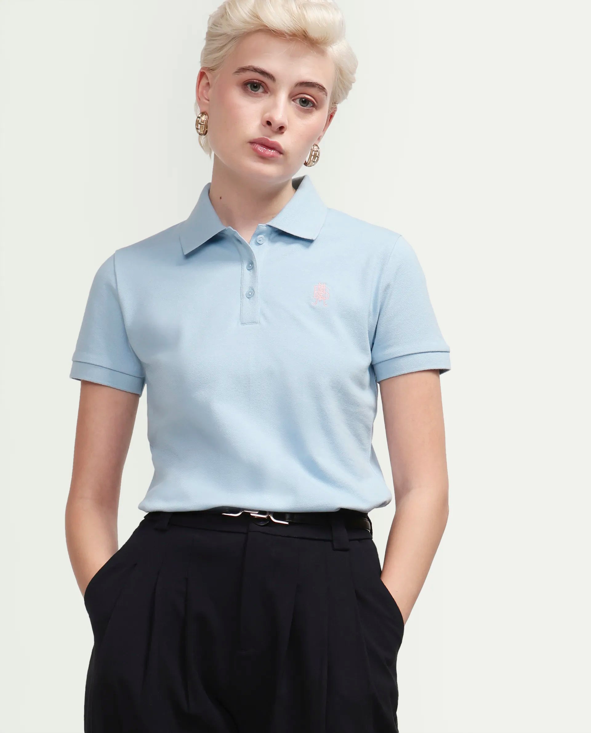 Rareism Women's Zonrad Light Blue Cotton Blend Half Sleeve Regular Fit Plain Polo