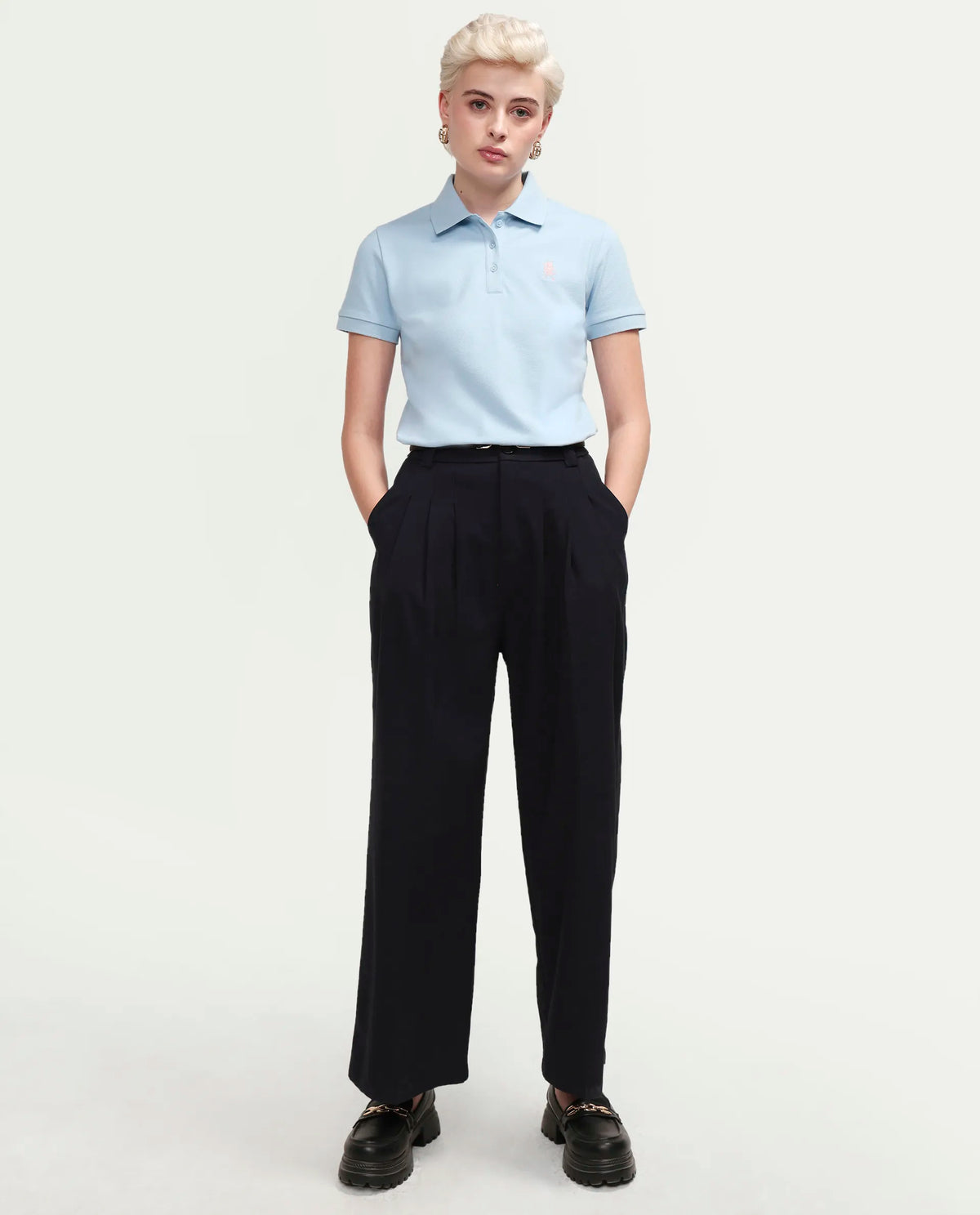 Rareism Women's Zonrad Light Blue Cotton Blend Half Sleeve Regular Fit Plain Polo