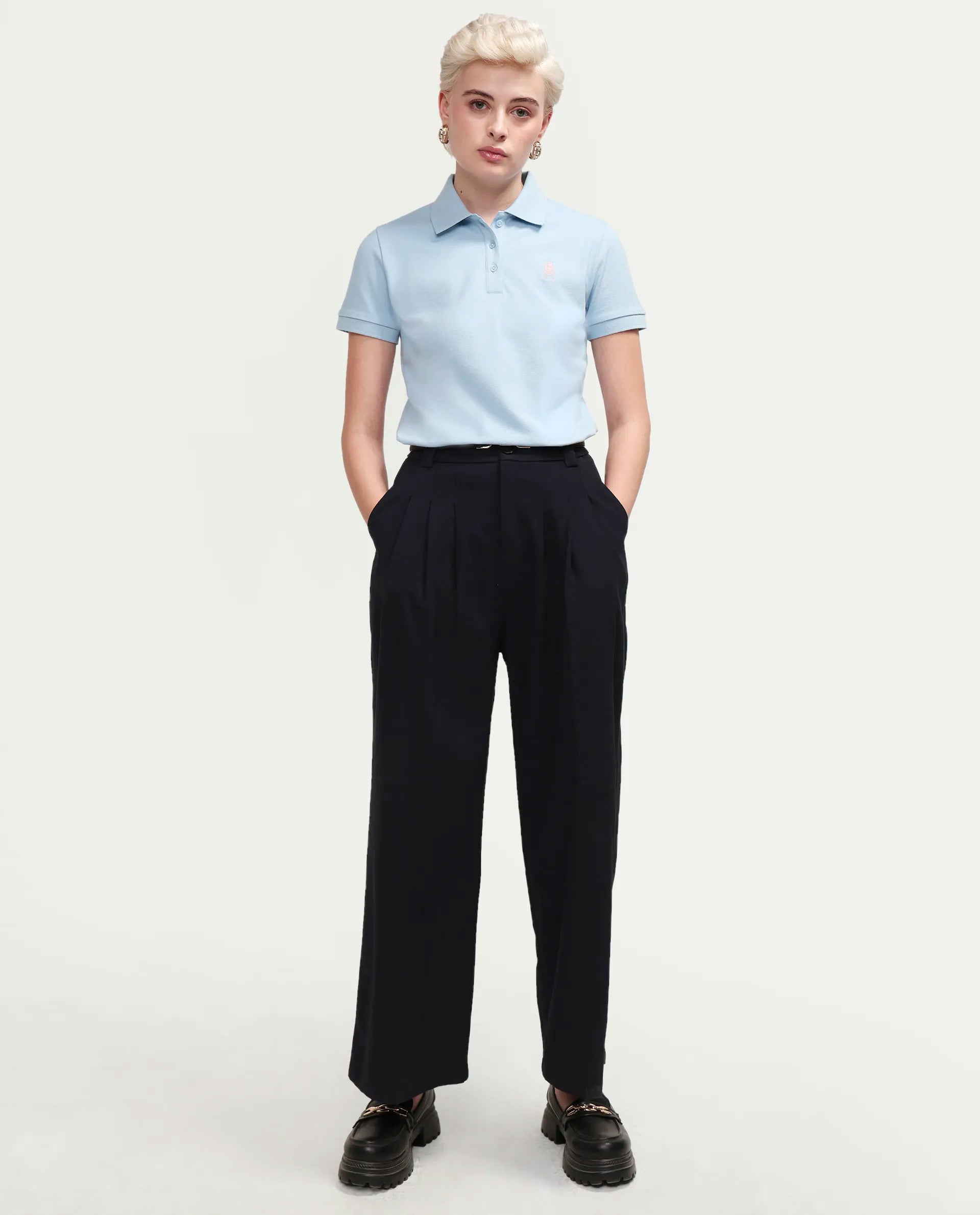Rareism Women's Zonrad Light Blue Cotton Blend Half Sleeve Regular Fit Plain Polo