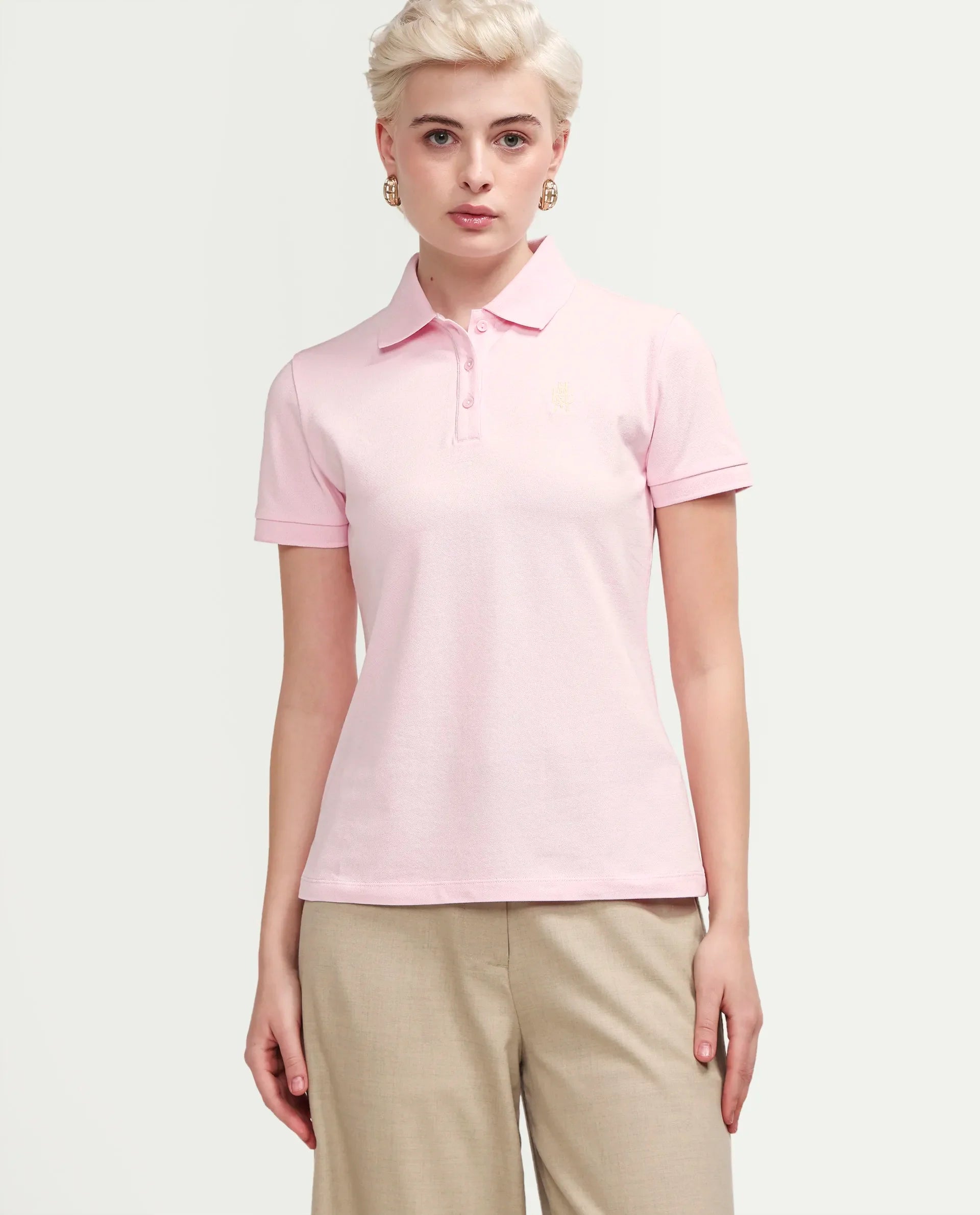 Rareism Women's Zonrad Light Pink Cotton Blend Half Sleeve Regular Fit Plain Polo