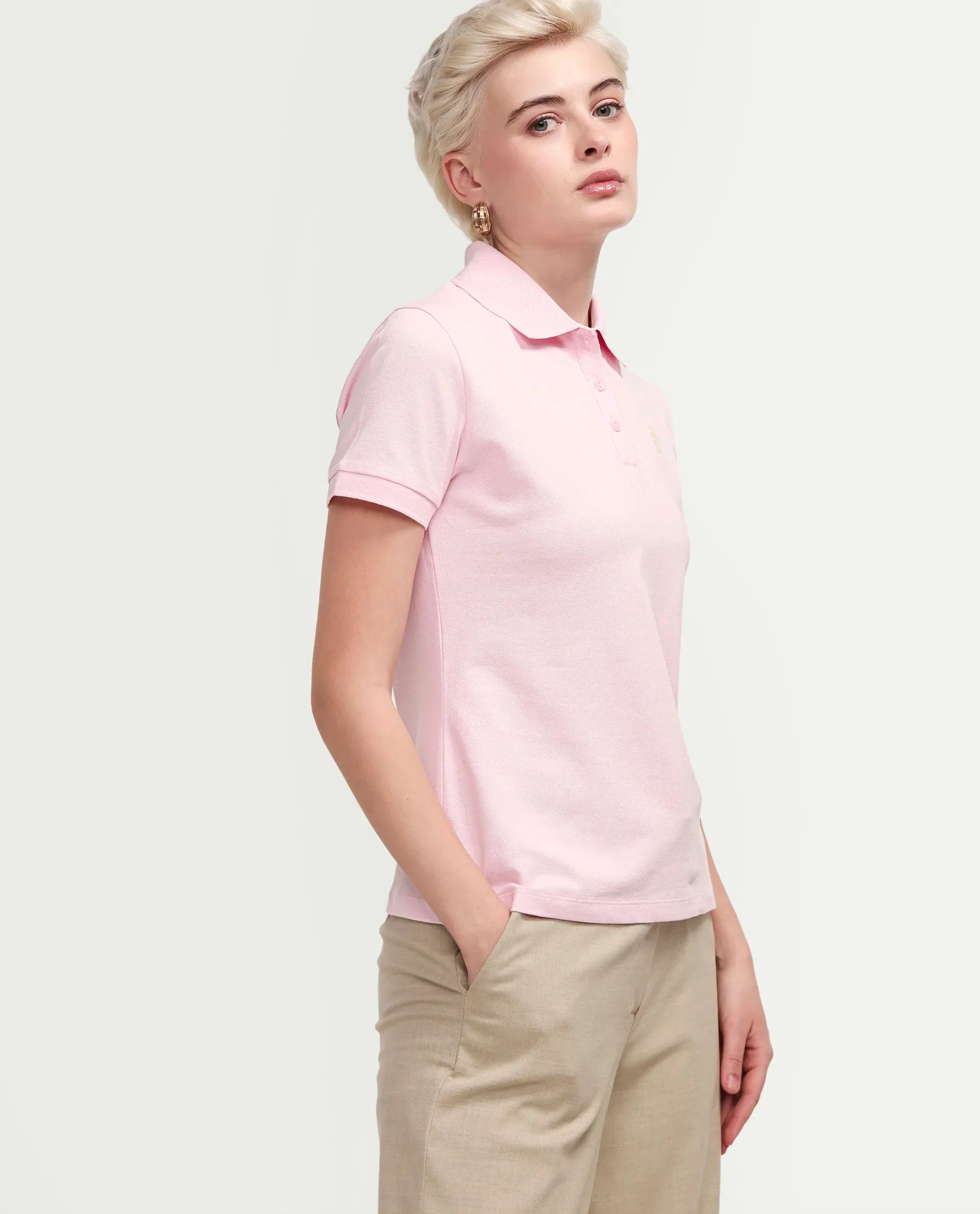 Rareism Women's Zonrad Light Pink Cotton Blend Half Sleeve Regular Fit Plain Polo