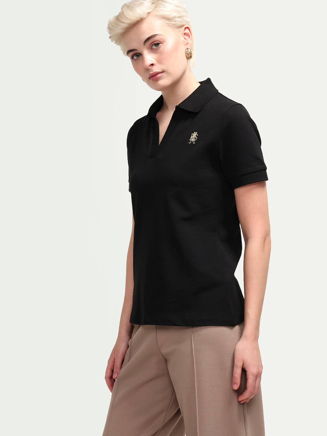 Rareism Women's Zavin Black Cotton Blend Half Sleeve Regular Fit Plain Polo