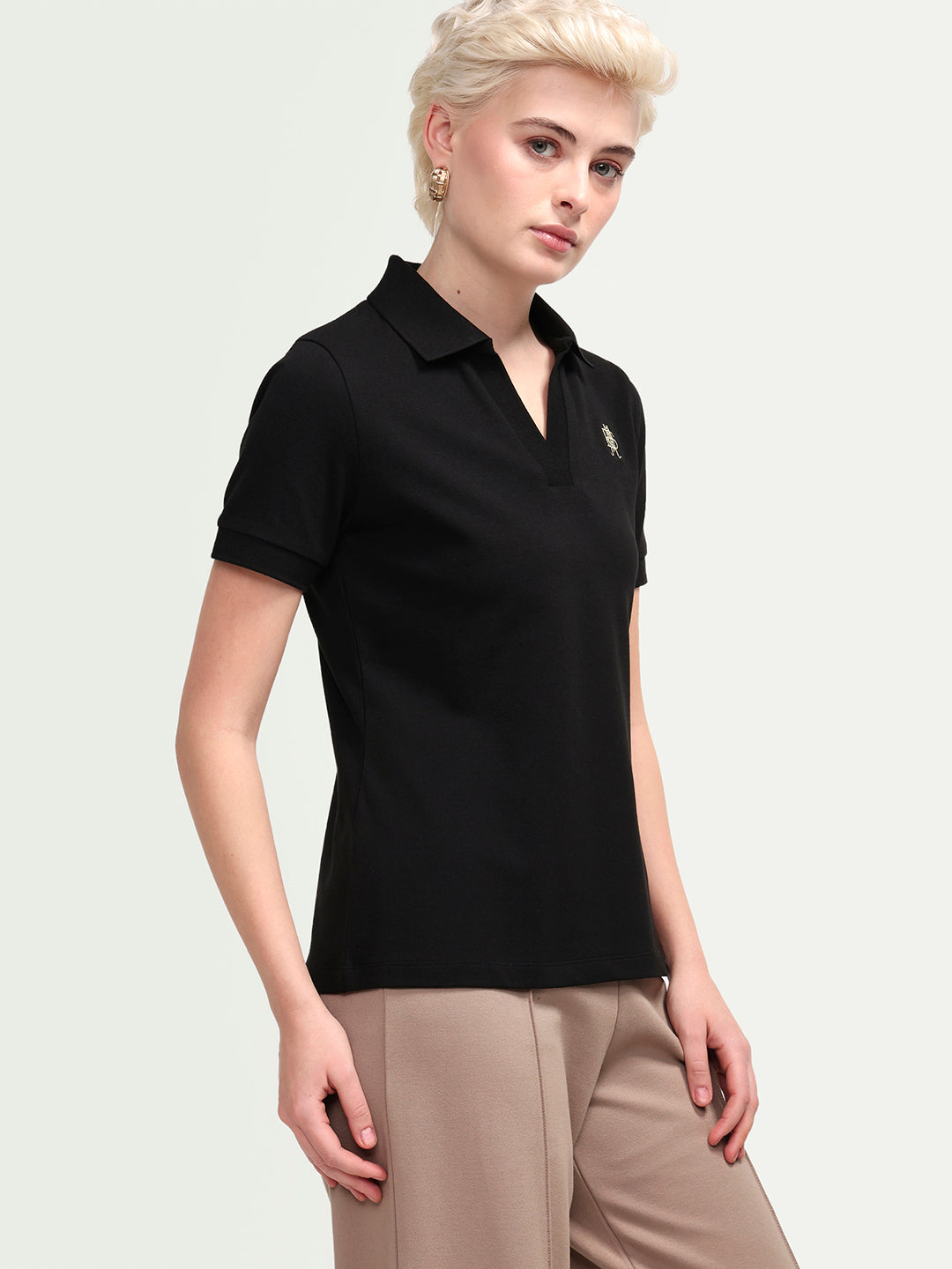 Rareism Women's Zavin Black Cotton Blend Half Sleeve Regular Fit Plain Polo
