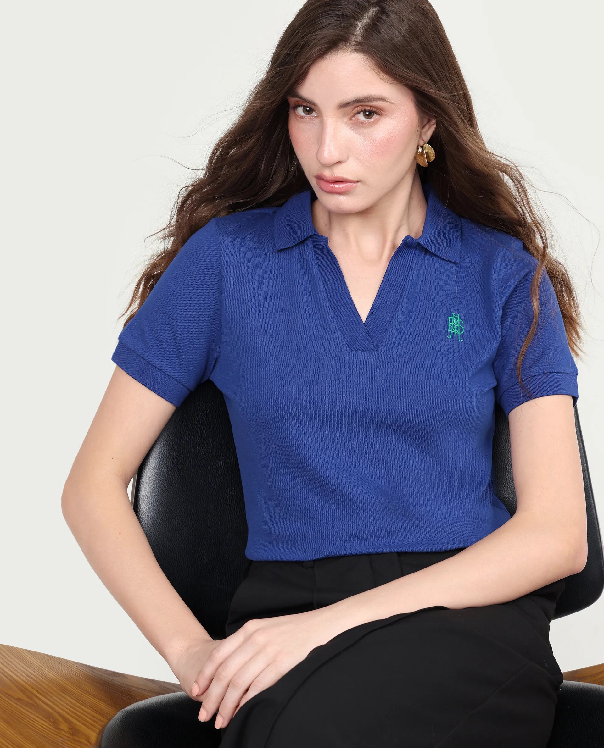 Rareism Women's Zavin Dark Blue Cotton Blend Half Sleeve Regular Fit Plain Polo